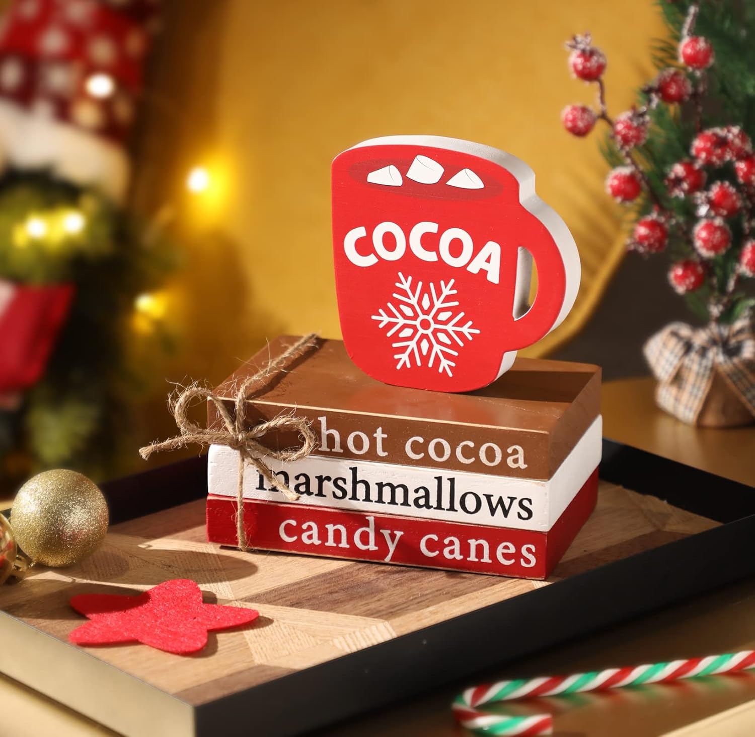 Hot Cocoa Wood Book Stack for Christmas Decor