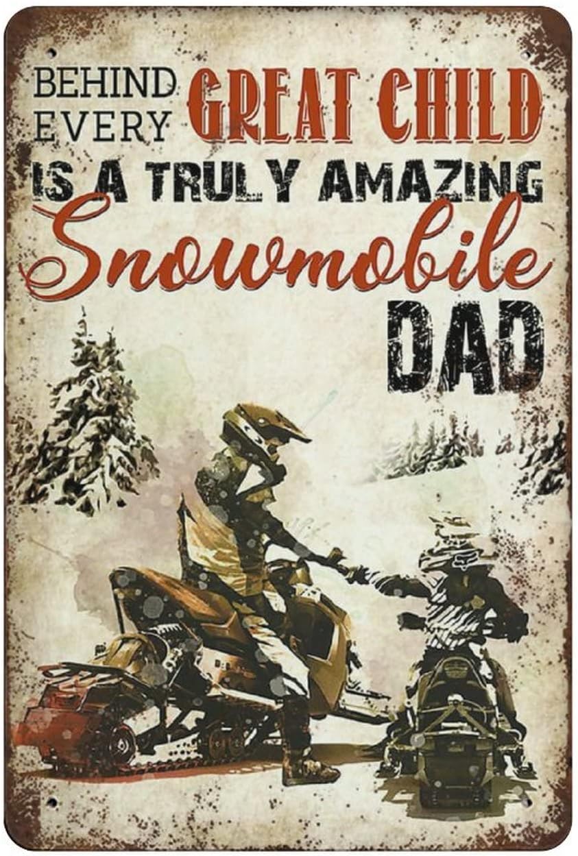 Metal Tin Sign Behind Great Child is Snowmobile Dad