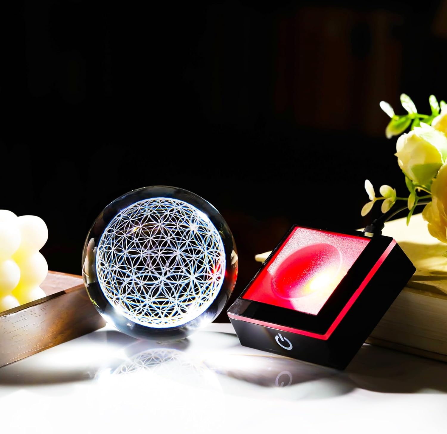 3D Flower of Life Crystal Ball with LED Base