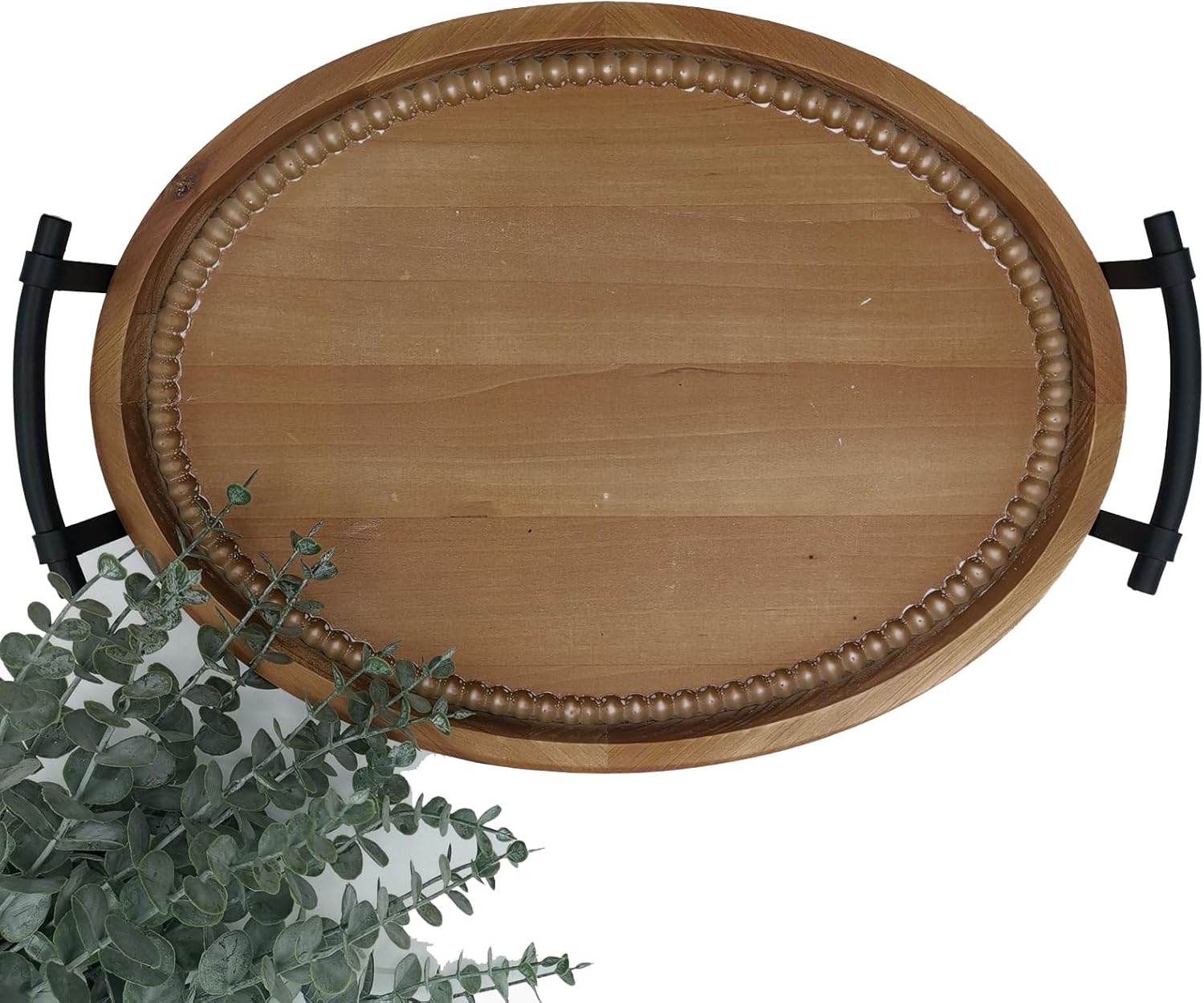 Oval Rustic Wooden Decorative Tray with Metal Handles