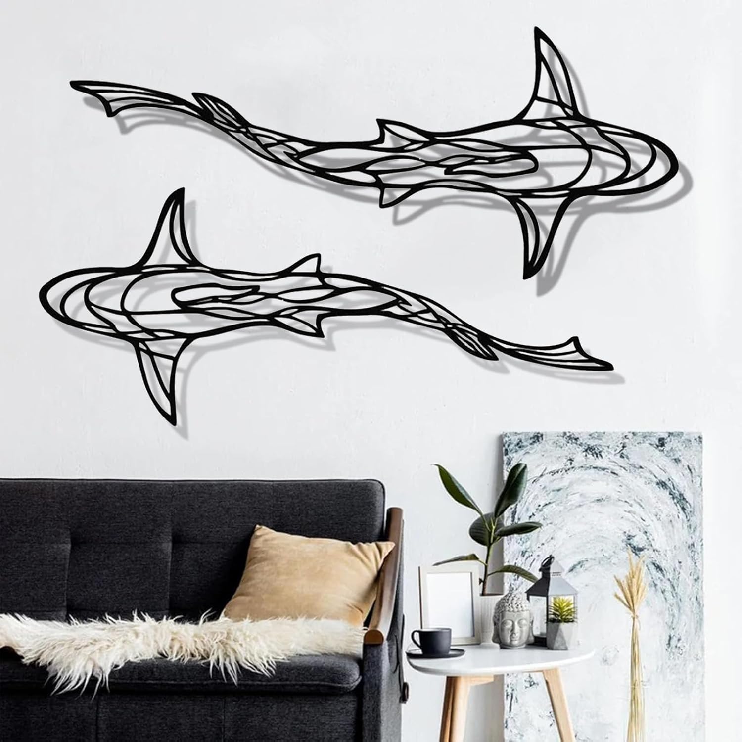 GDSPD 3D Metal Shark Wall Decor 2 Pcs Black