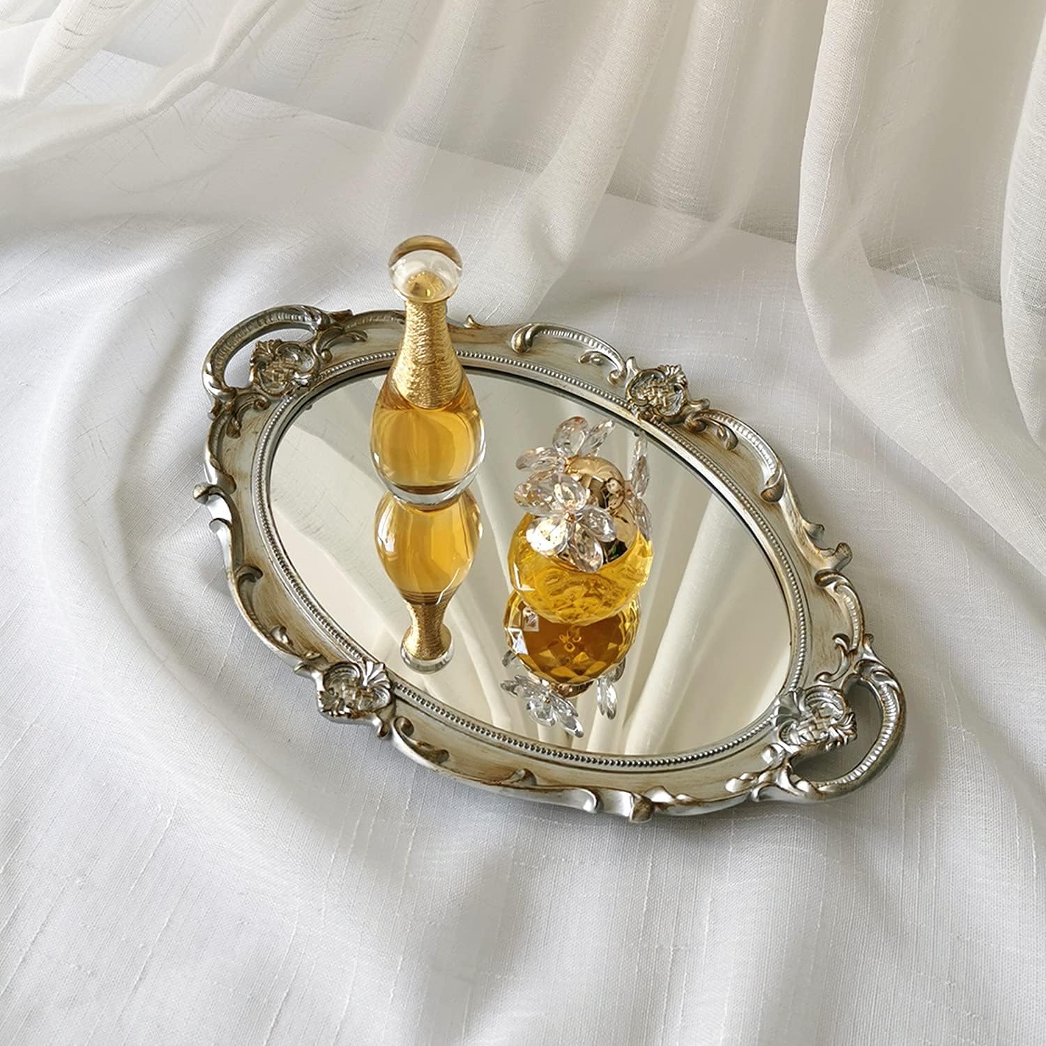 Oval Decorative Mirror Tray French Style Golden Silver