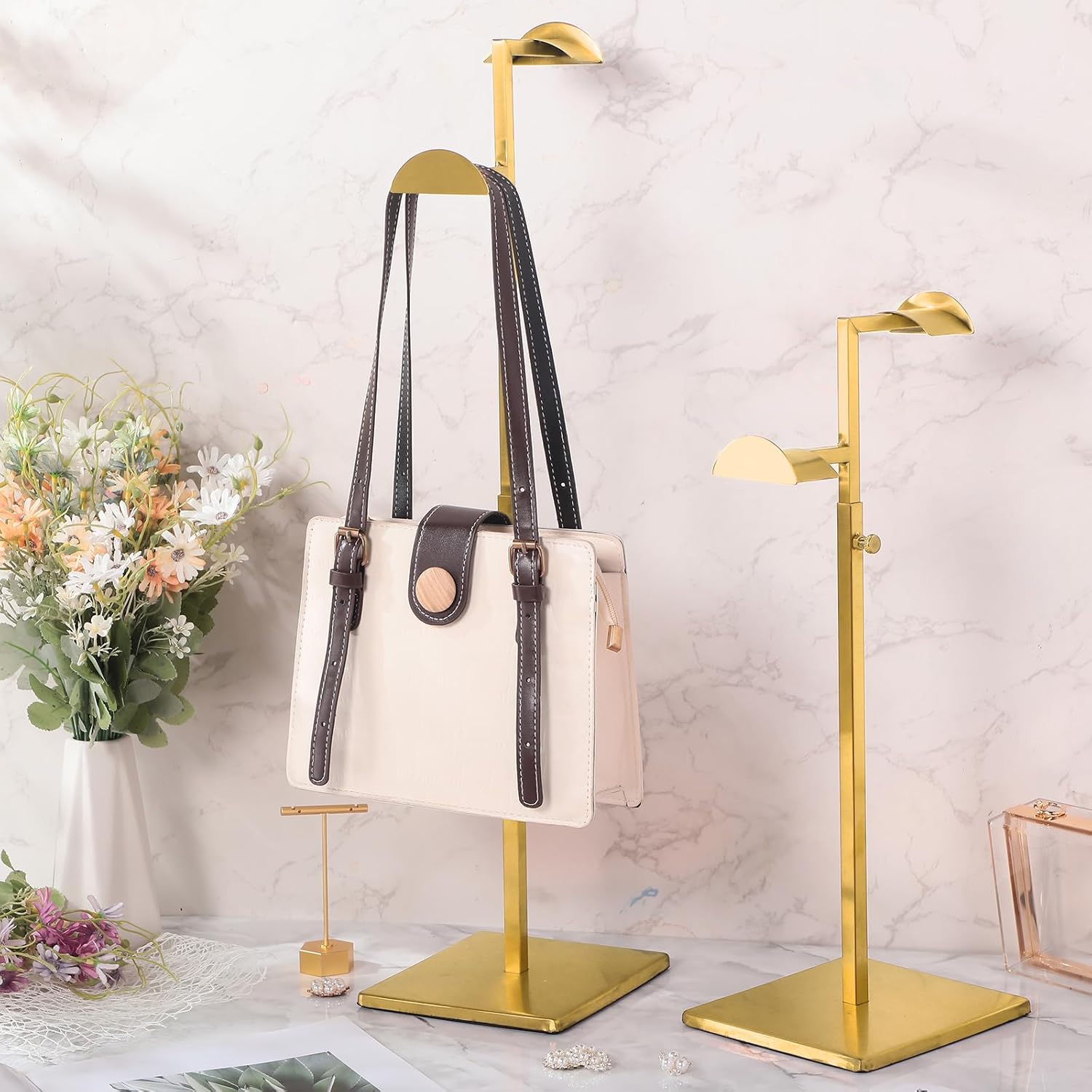 Stainless Steel Double Hook Display Stand for Handbags and Jewelry
