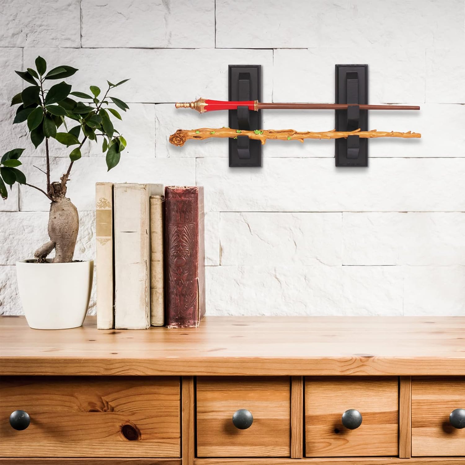 Wooden Wand Holder 2 Tier Black Wall Mount