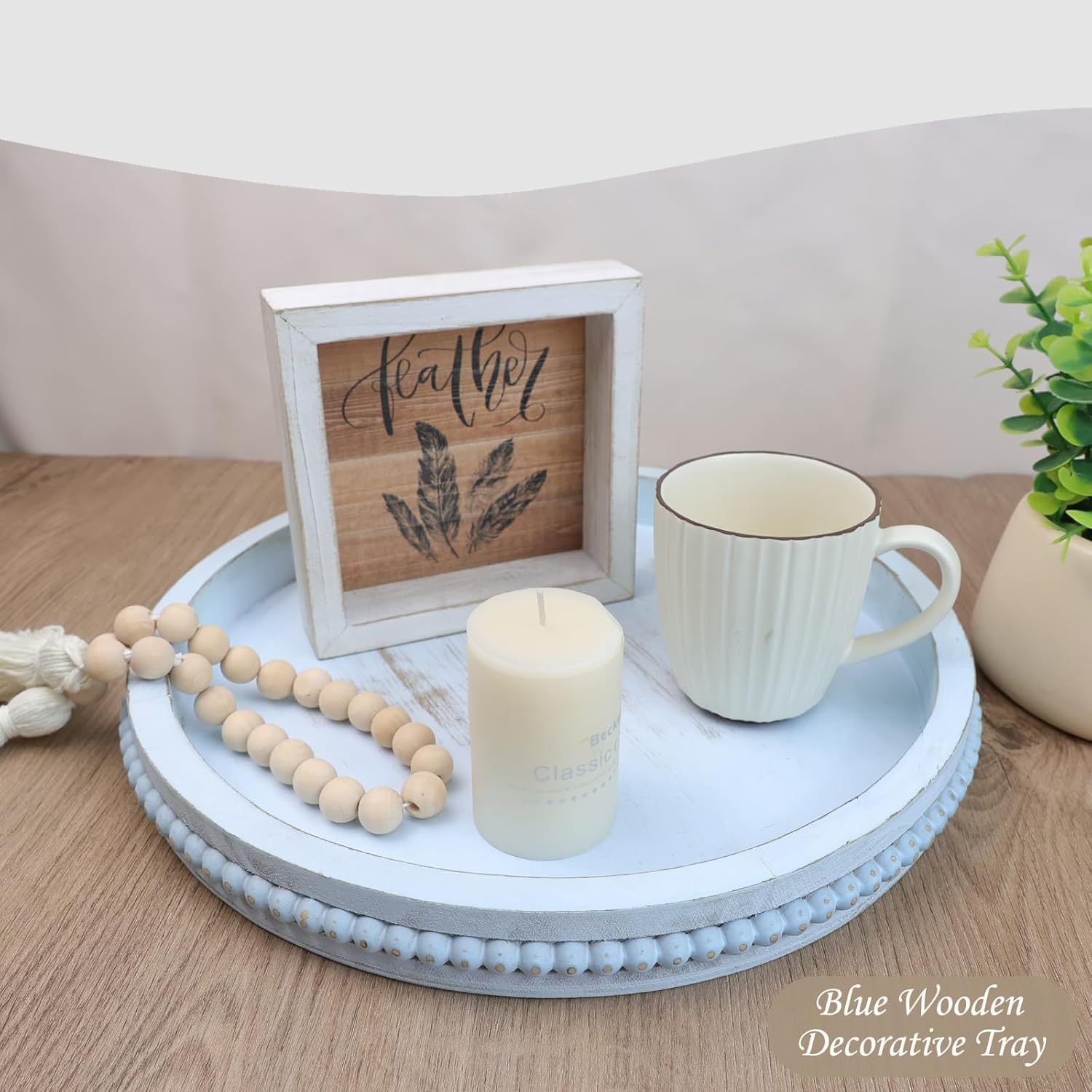 Round Wood Serving Tray with Beads and Blue Wash