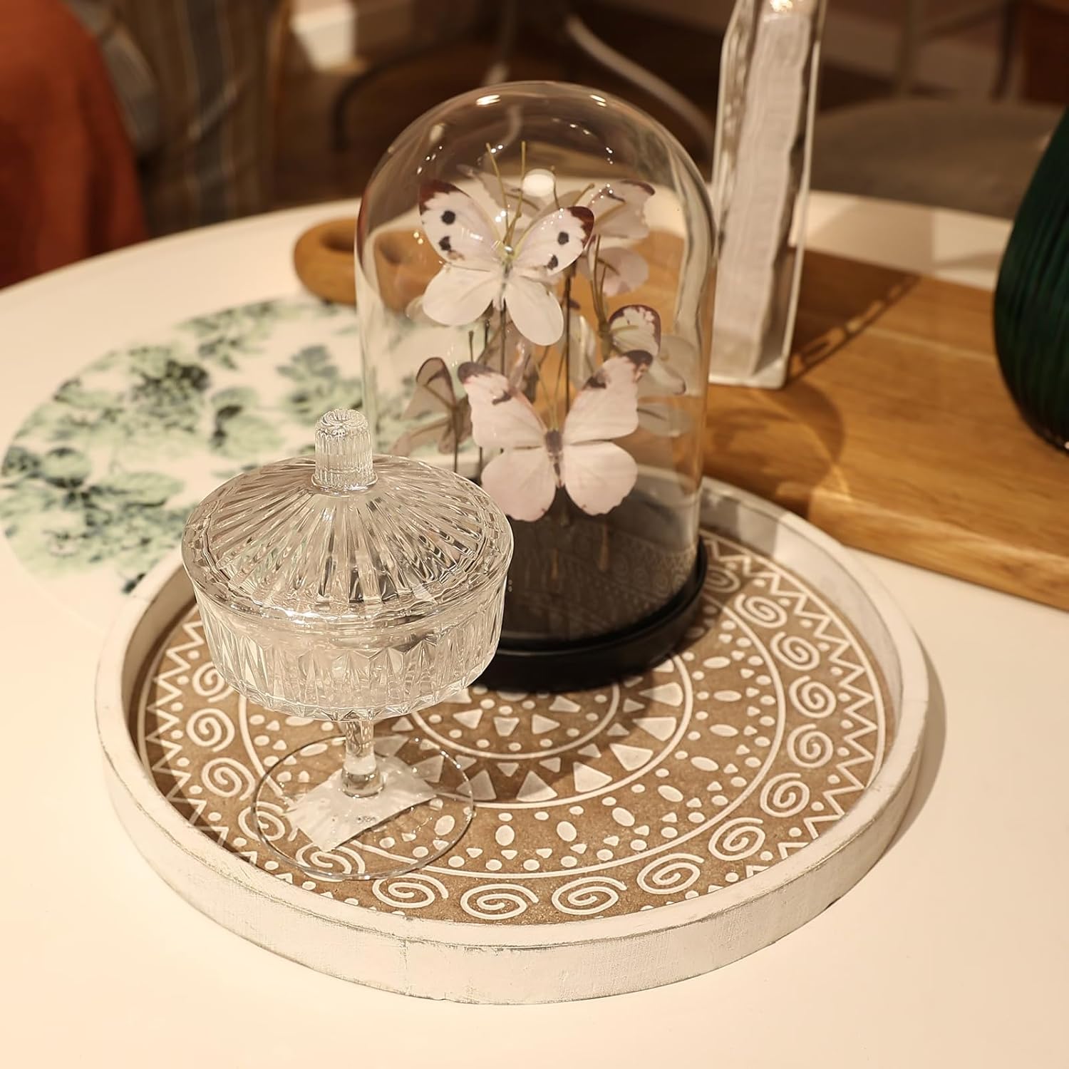 Boho Round Wooden Decorative Tray with Beaded Detail