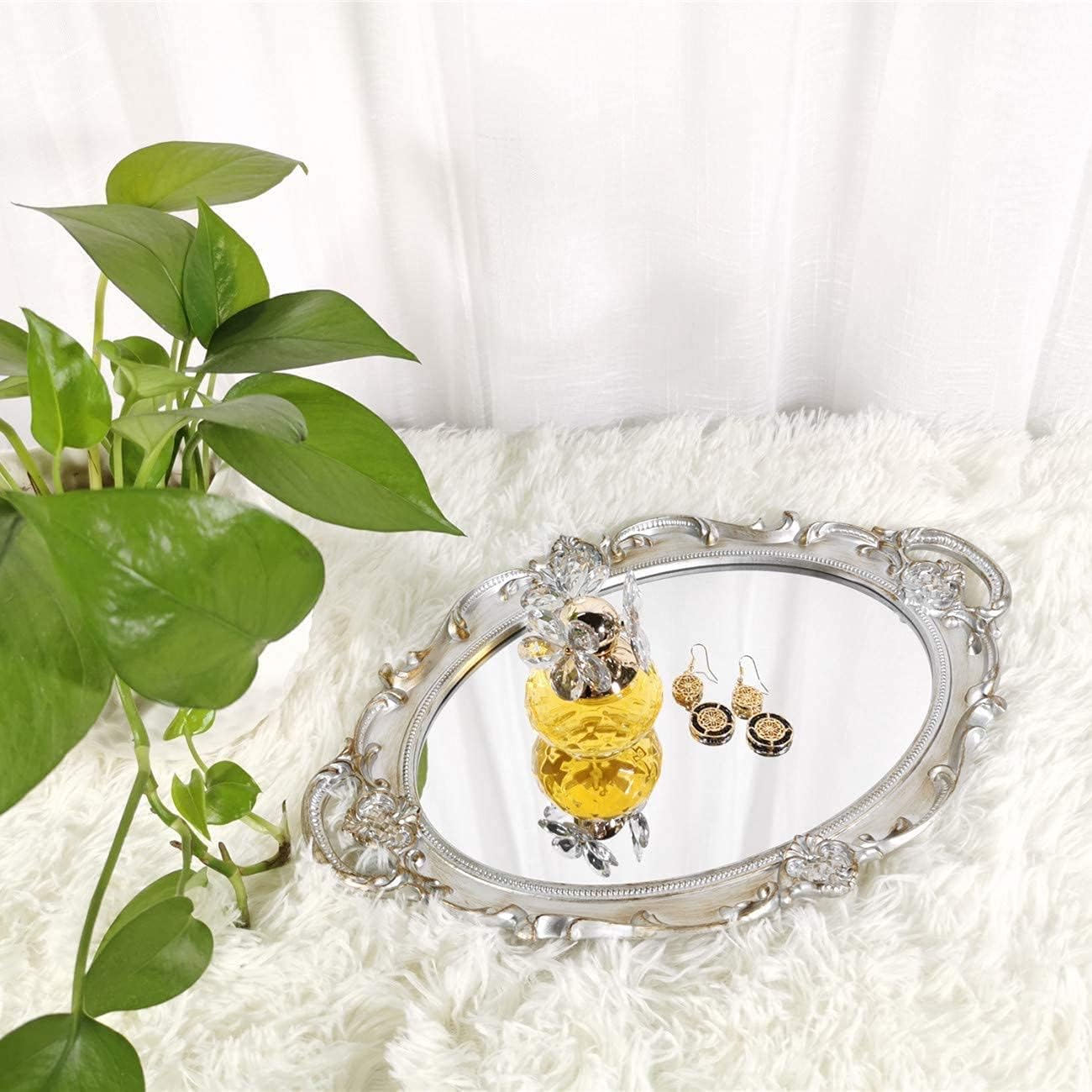 Oval Decorative Mirror Tray French Style Golden Silver