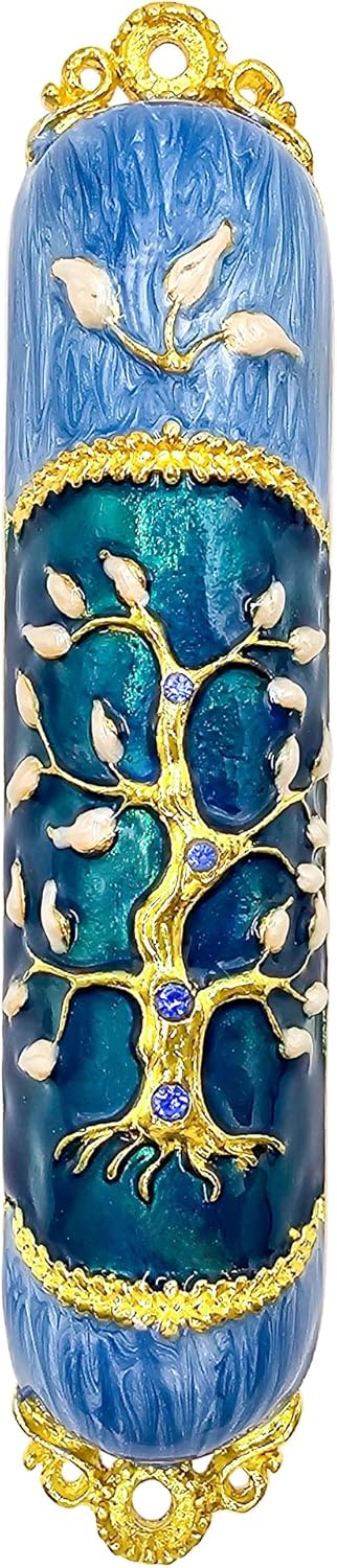 Talisman4u Enamel Mezuzah Case with Gold Plated Crystals and Tree of Life Design