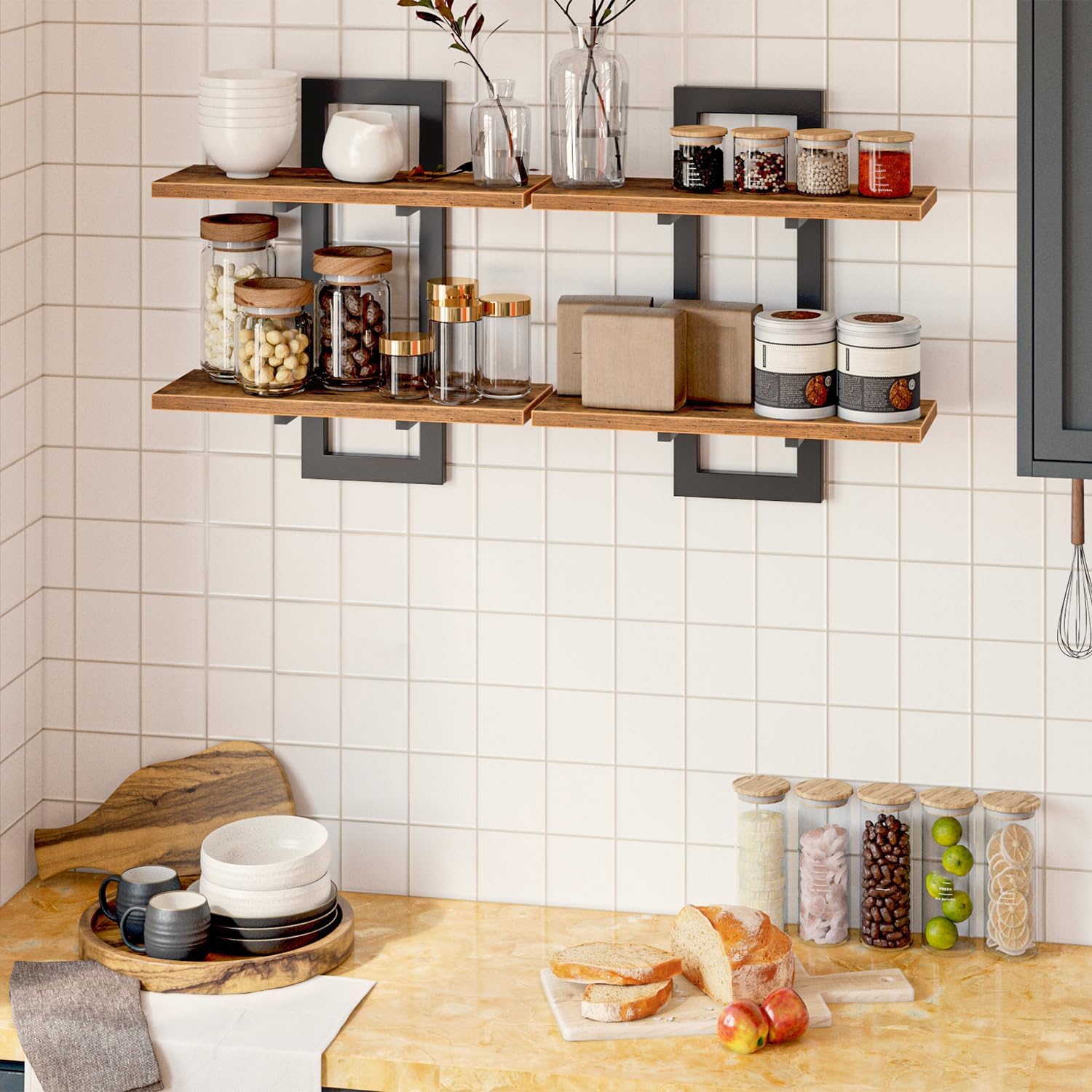 HOOBRO Floating Shelves 2-Tier Set of 2 Rustic Brown and Black