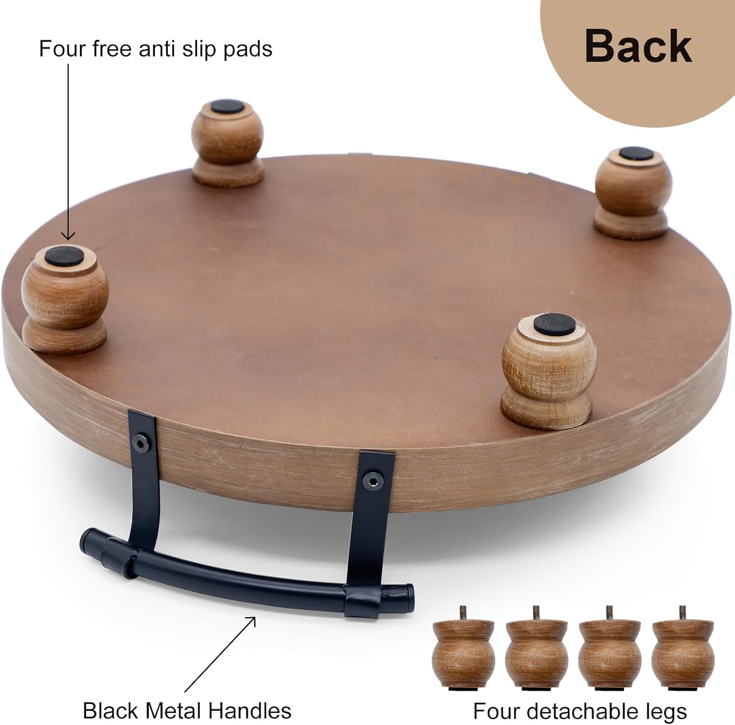 TOOLTENG Round Wooden Serving Tray with Handles