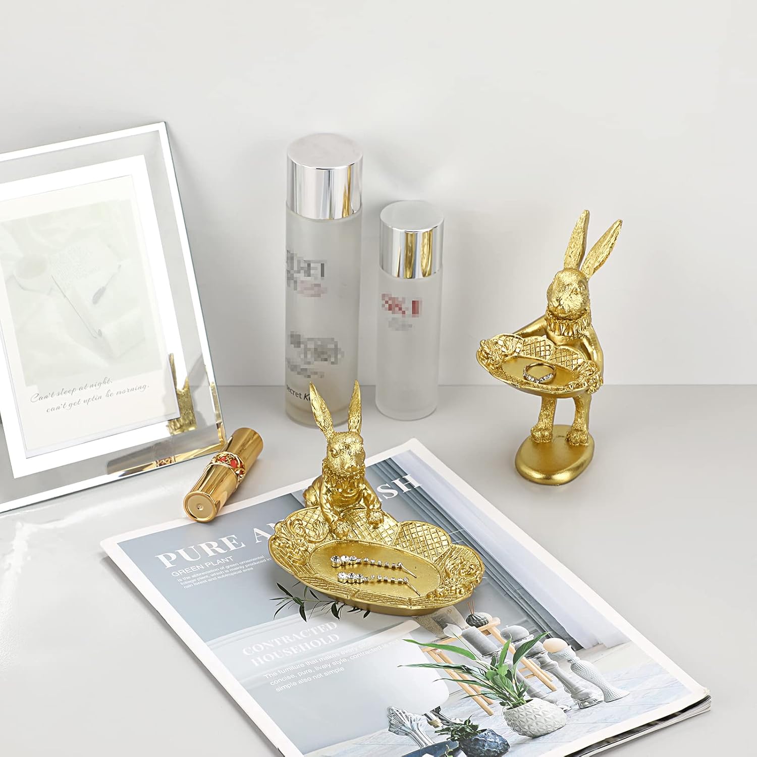 ELLDOO Golden Bunny Jewelry Ring Tray Decor
