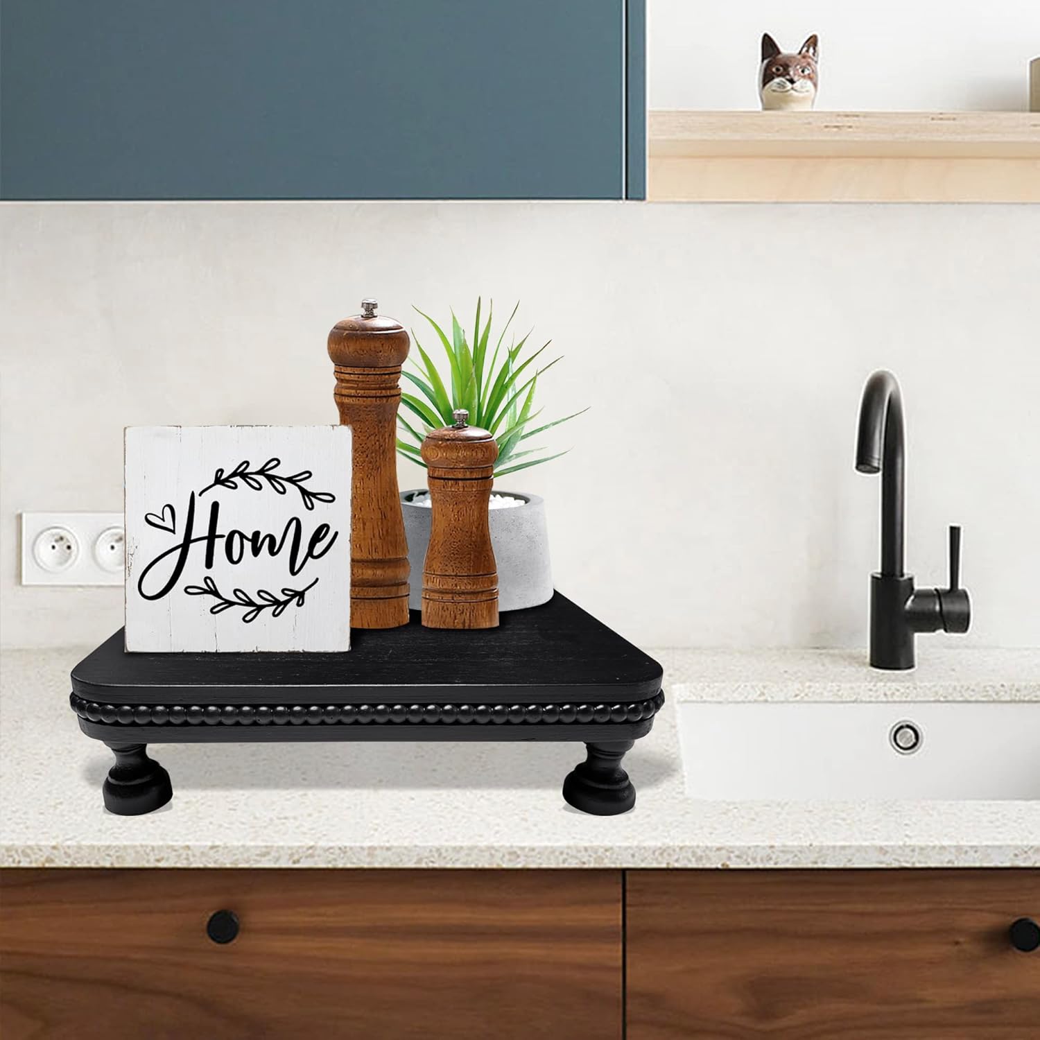 Farmhouse Display Wood Riser with Black Beaded Pedestal