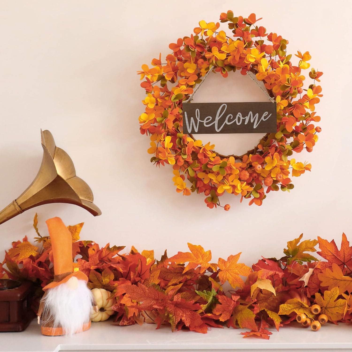 VioletEverGarden 20 Inch Fall Wreath with Welcome Sign and Pumpkins