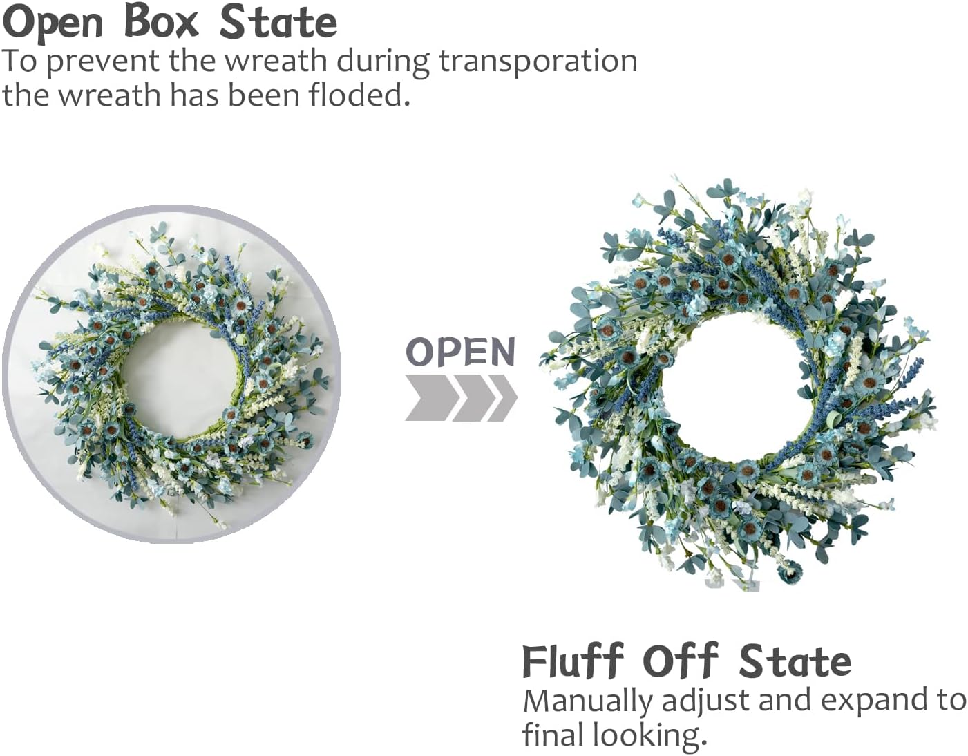 Bibelot 20 Inch Blue Daisy Spring Wreath with Green Leaves