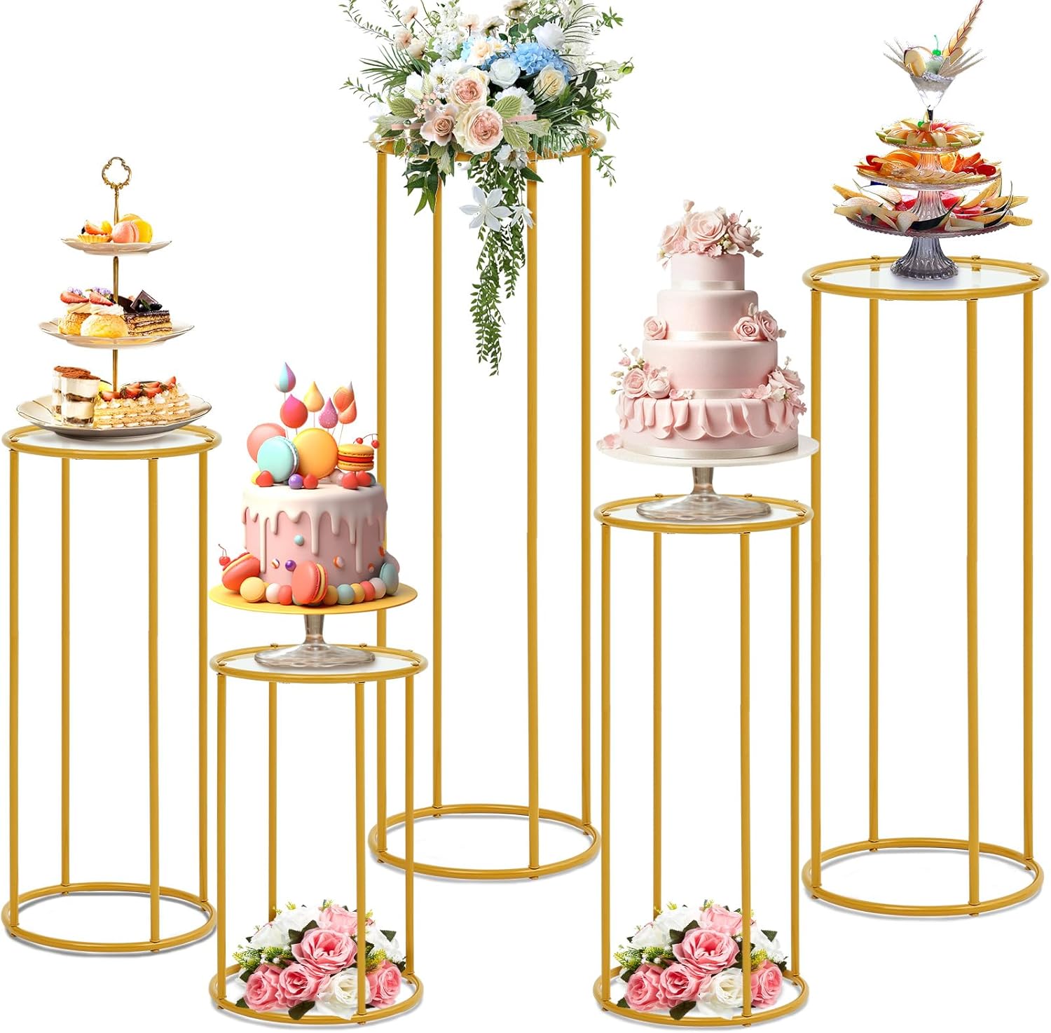Hicarer 5 Pcs Gold Metal Cylinder Pedestal Stands