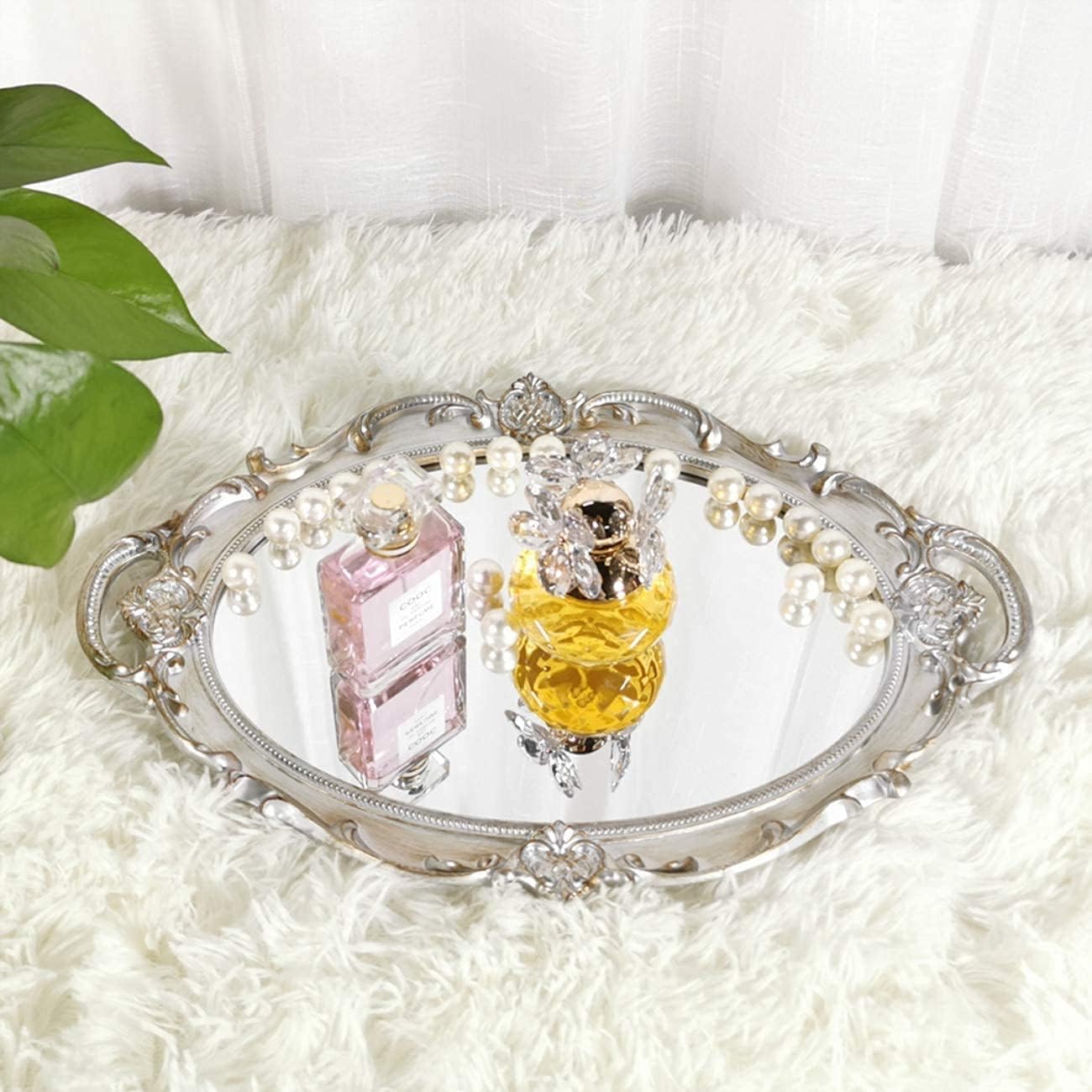Oval Decorative Mirror Tray French Style Golden Silver