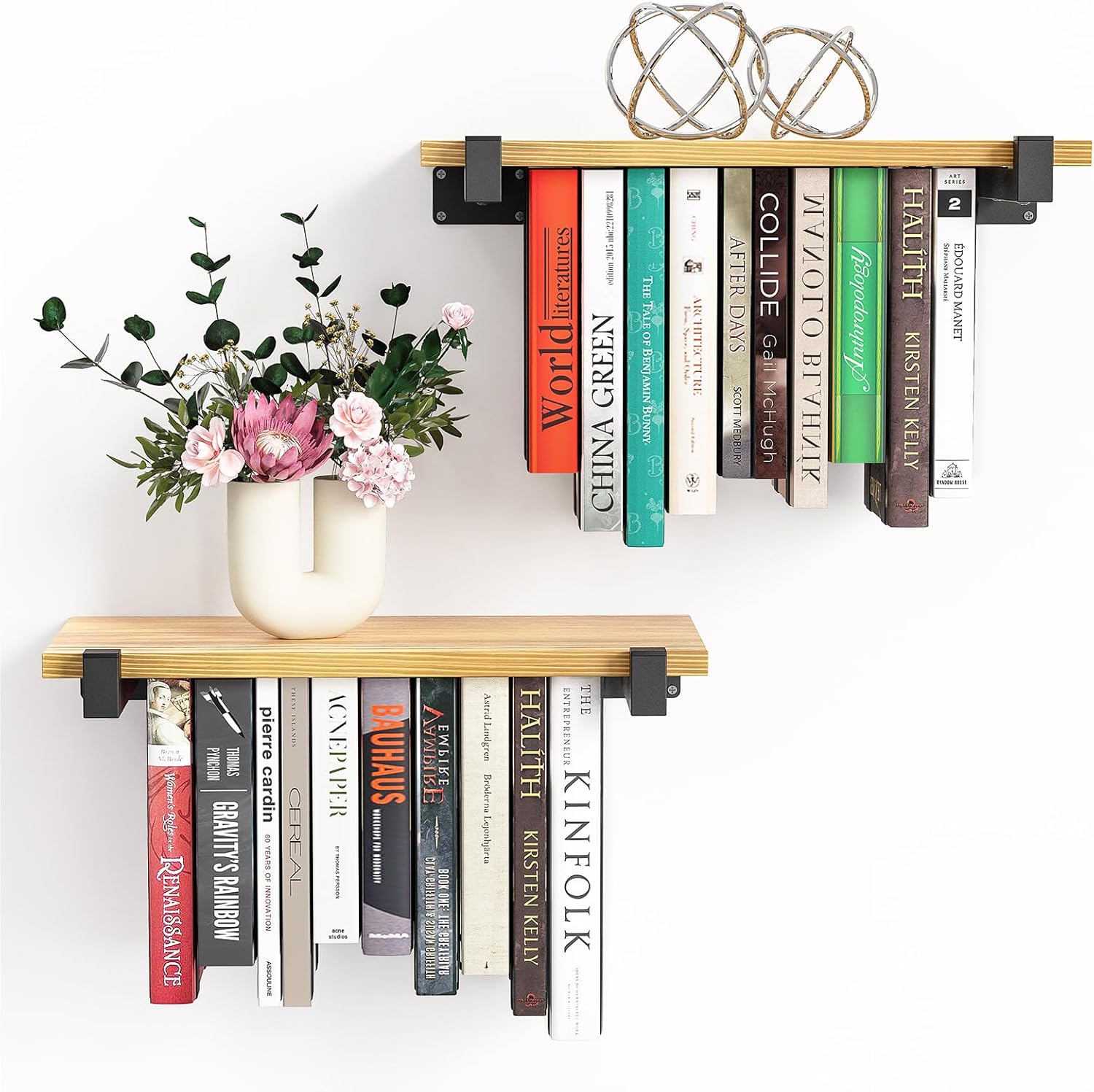 2 Set Floating Bookshelf Pine Wood Wall Bookcase Space Saving Hanging Bookshelves