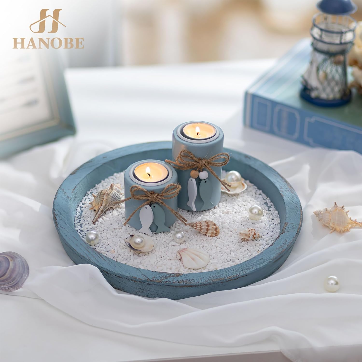 Hanobe Rustic Blue Decorative Tray for Coastal Decorations