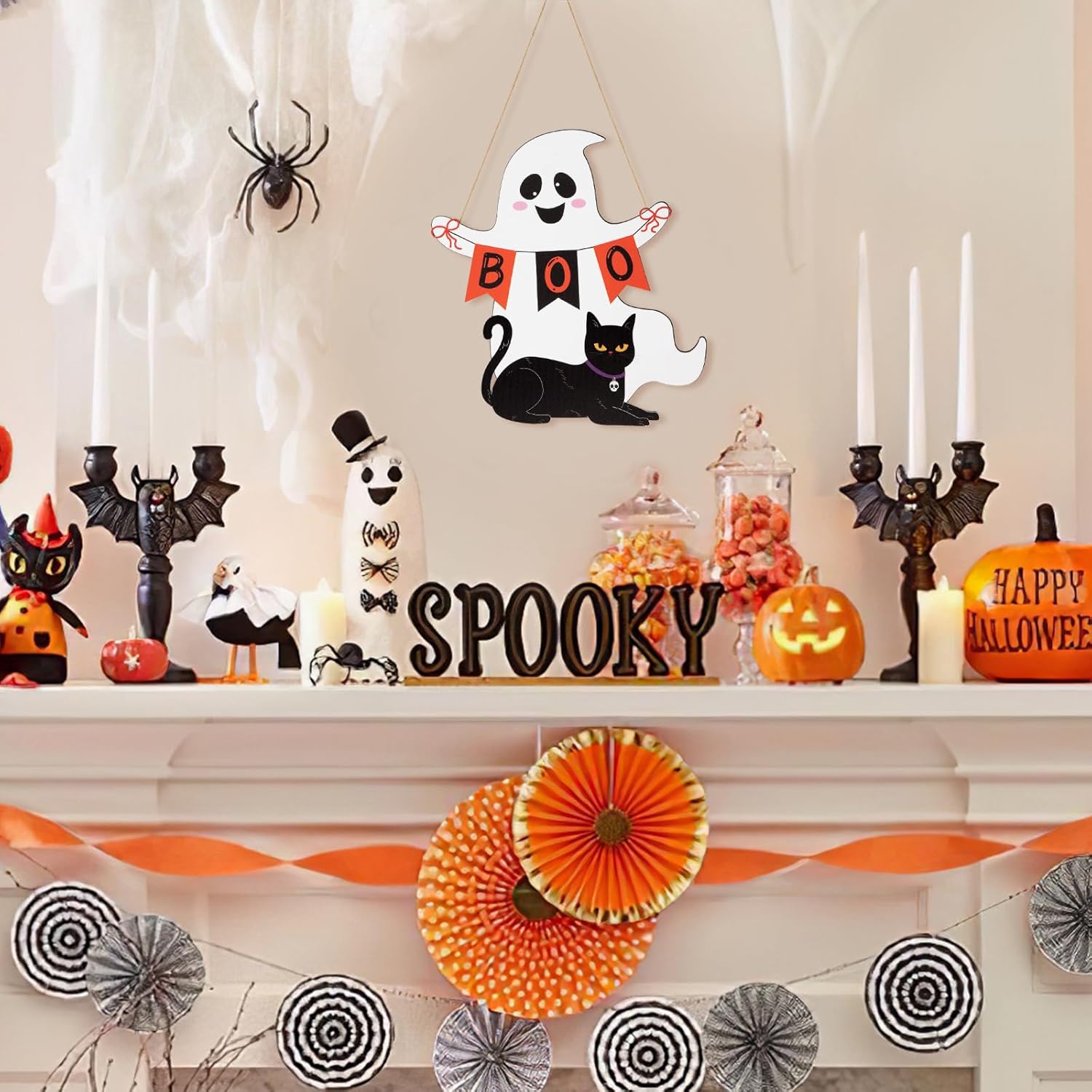 Halloween Wooden Ghost Door Wreath with BOO Sign