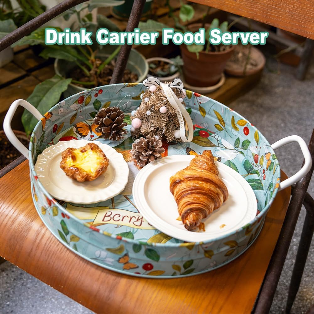 BerryBird Galvanized Metal Serving Tray with Handles 1497D Green Robin