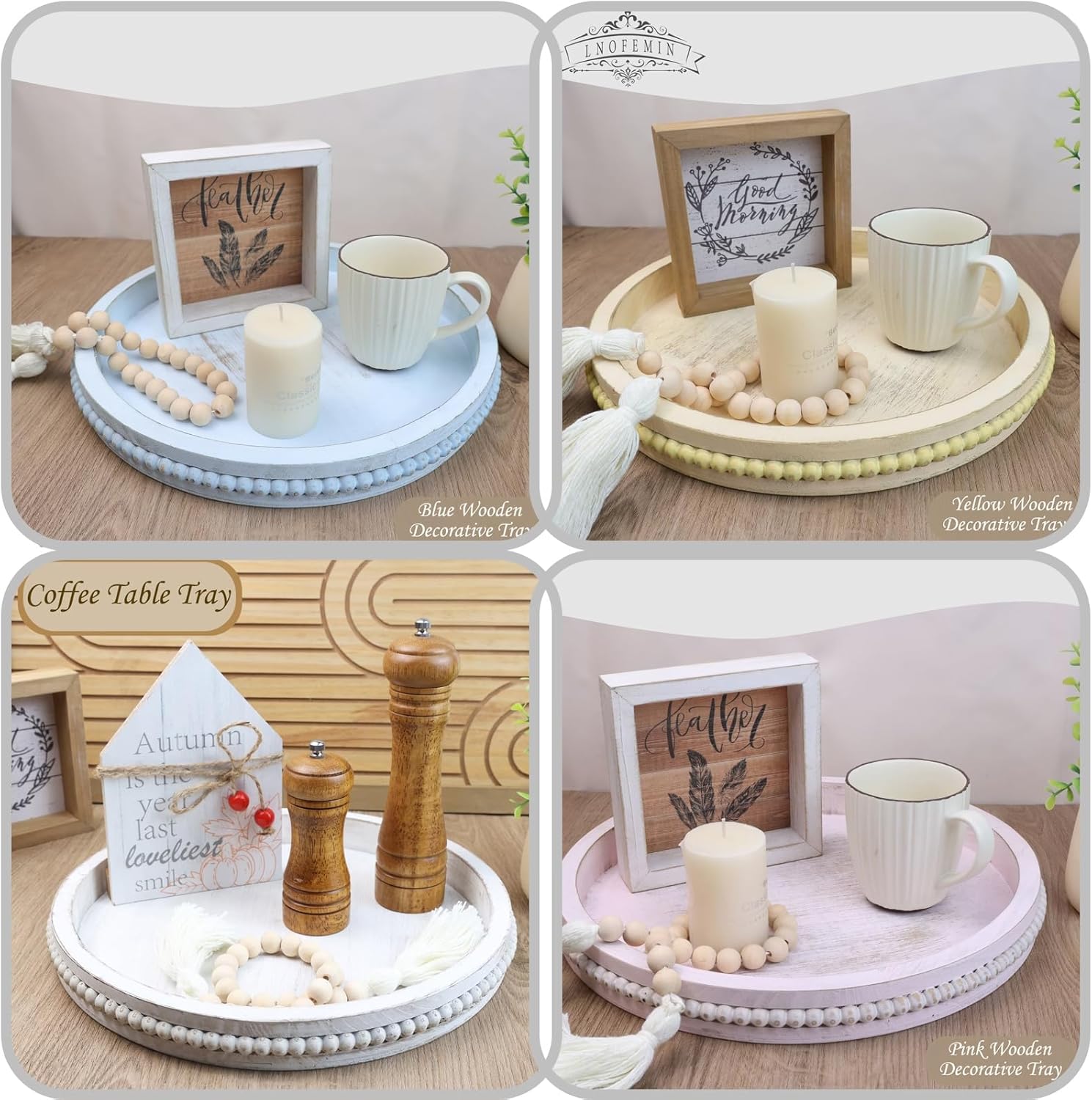 Round Wood Serving Tray with Beads and Blue Wash