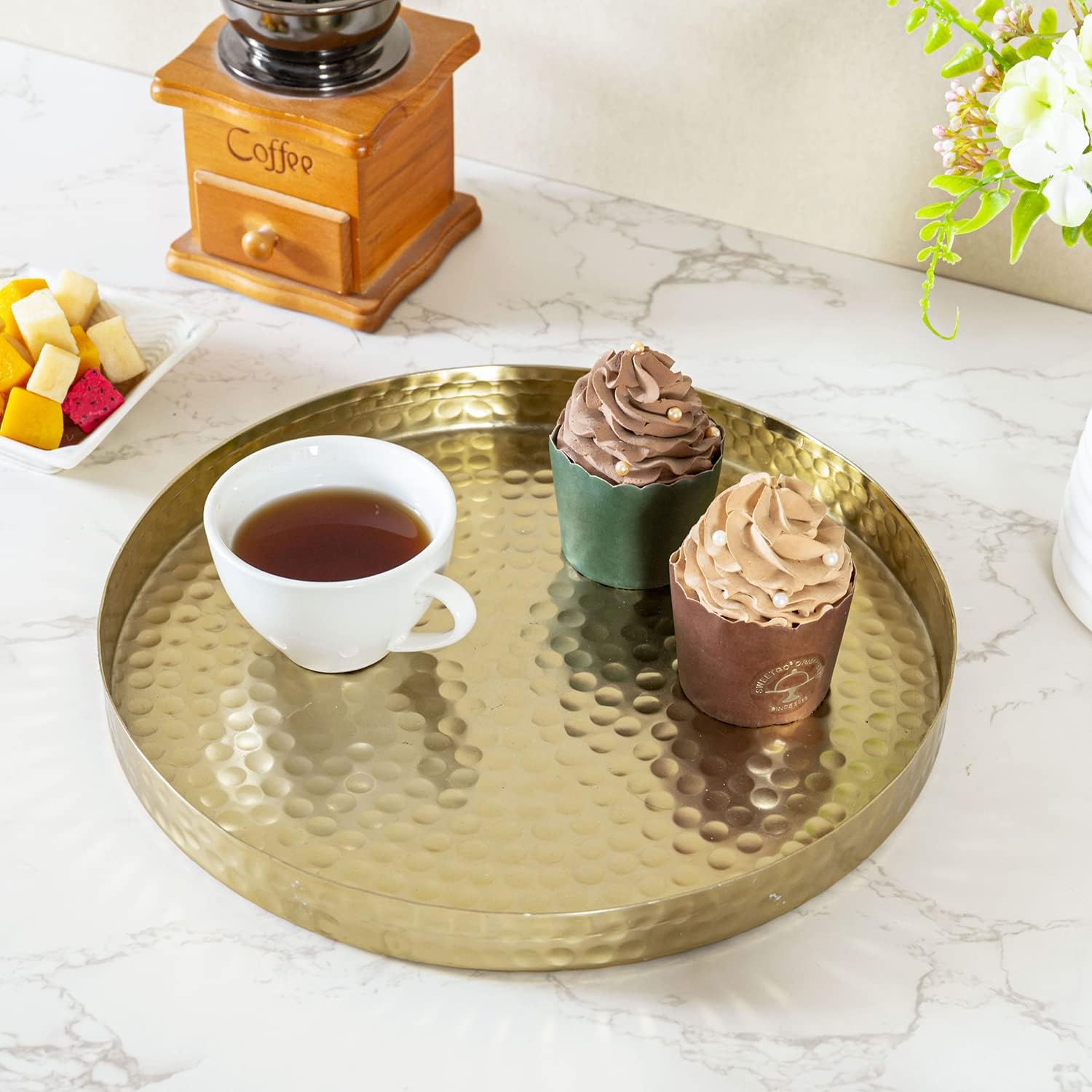 MyGift 11 Inch Hammered Brass Decorative Tray