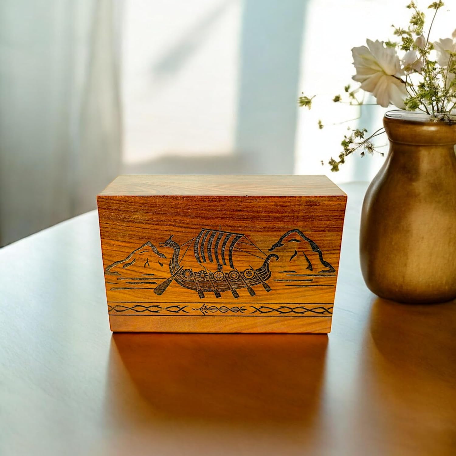 Handcrafted Wooden Cremation Urn with Viking Ship Design