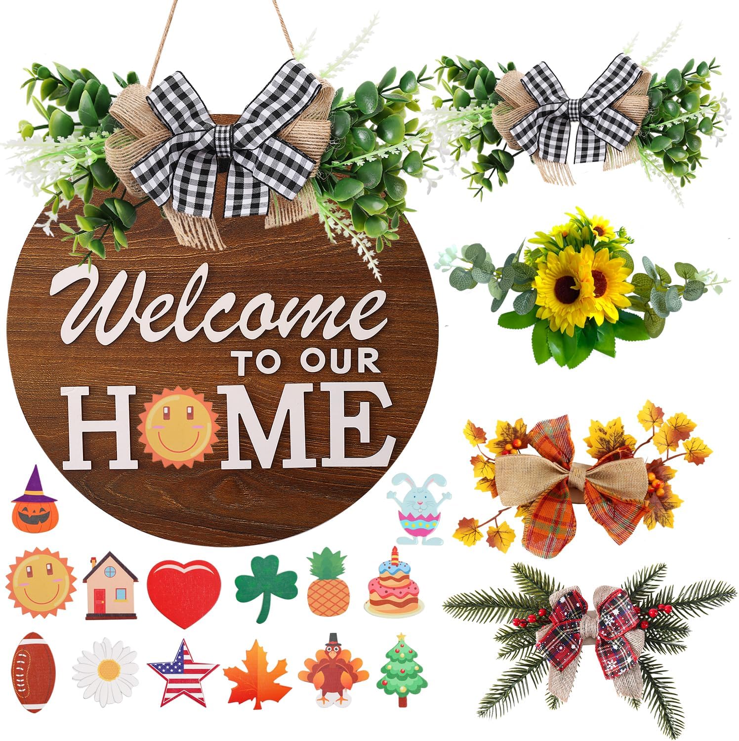 Seasonal Welcome Sign with 4 Wreaths and 14 Icons