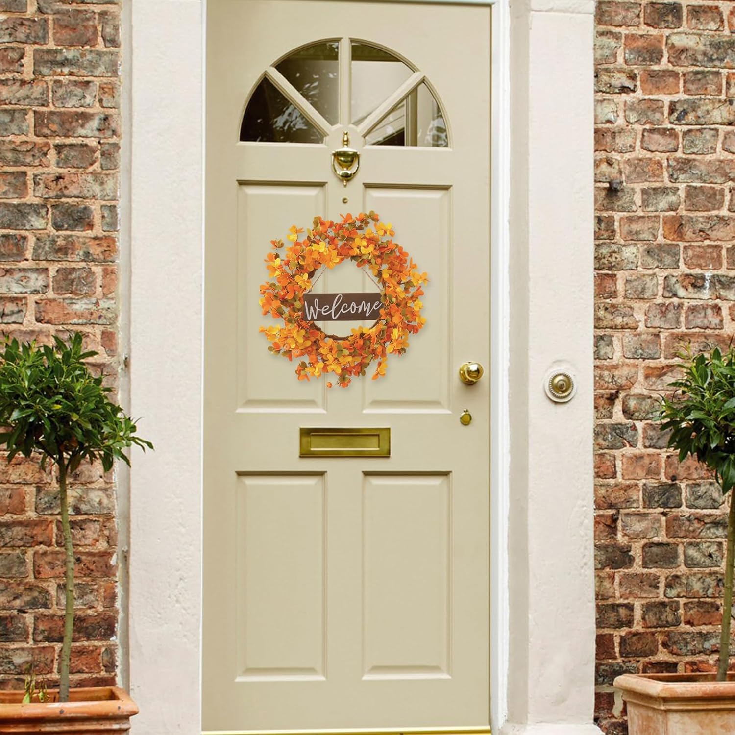 VioletEverGarden 20 Inch Fall Wreath with Welcome Sign and Pumpkins