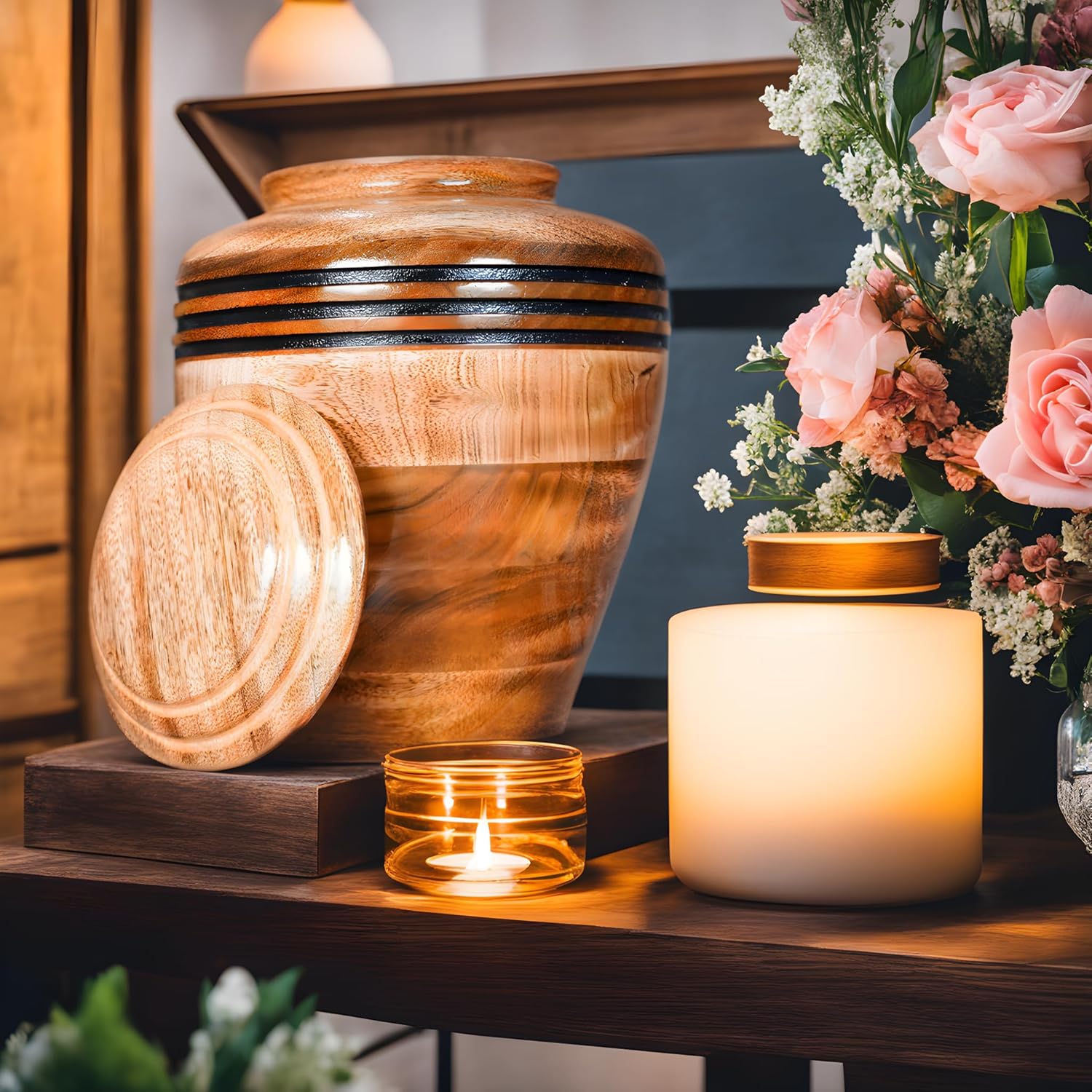 Handcrafted Wooden Cremation Urn with Black Accent Rings
