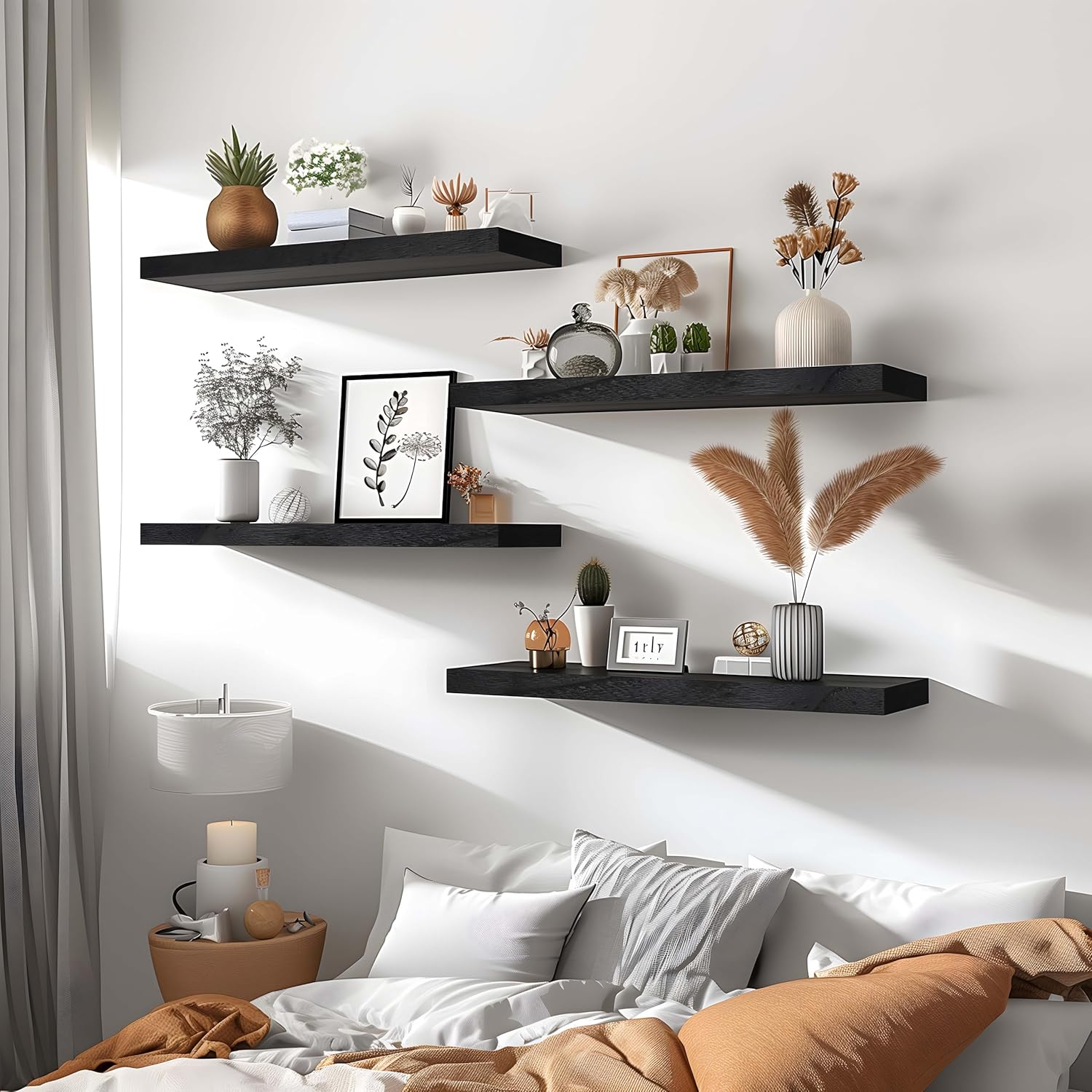 6 Piece Black Wood Floating Shelves for Wall