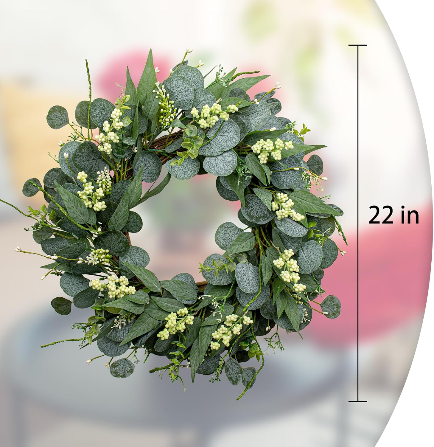 MagicWreath 22 Inch Artificial Green Eucalyptus Wreath with White Berries