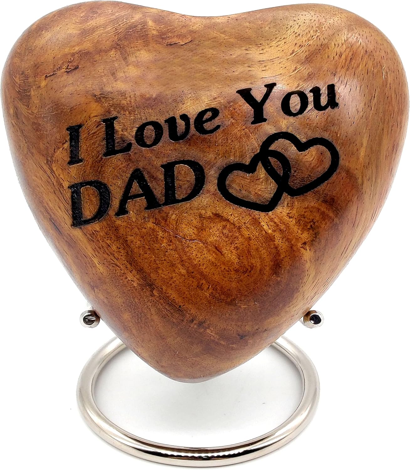Wooden Heart Keepsake Urn for Dad - Mini Cremation Urn with Engraved Stand