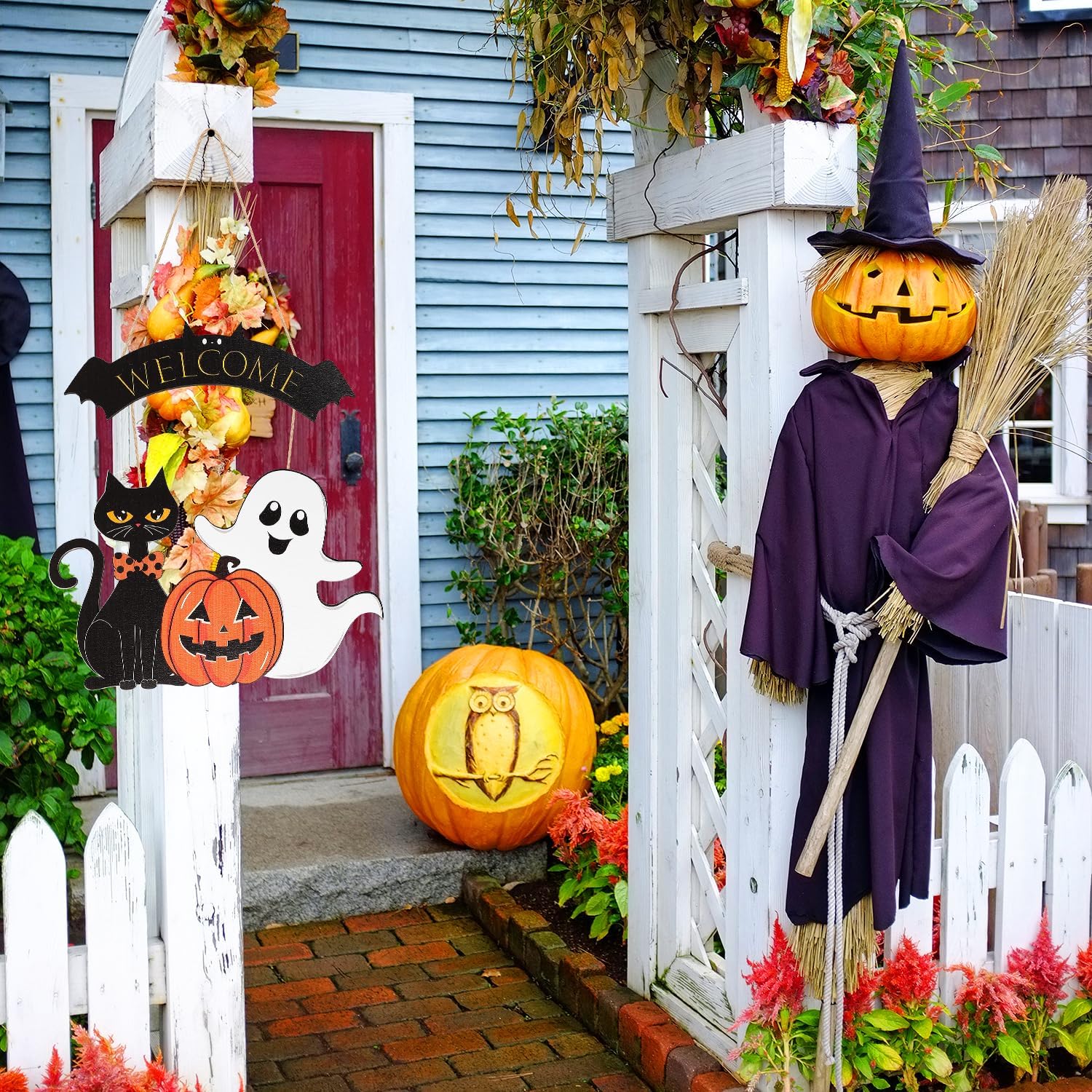 Halloween Wooden Ghost Door Wreath Welcome Sign