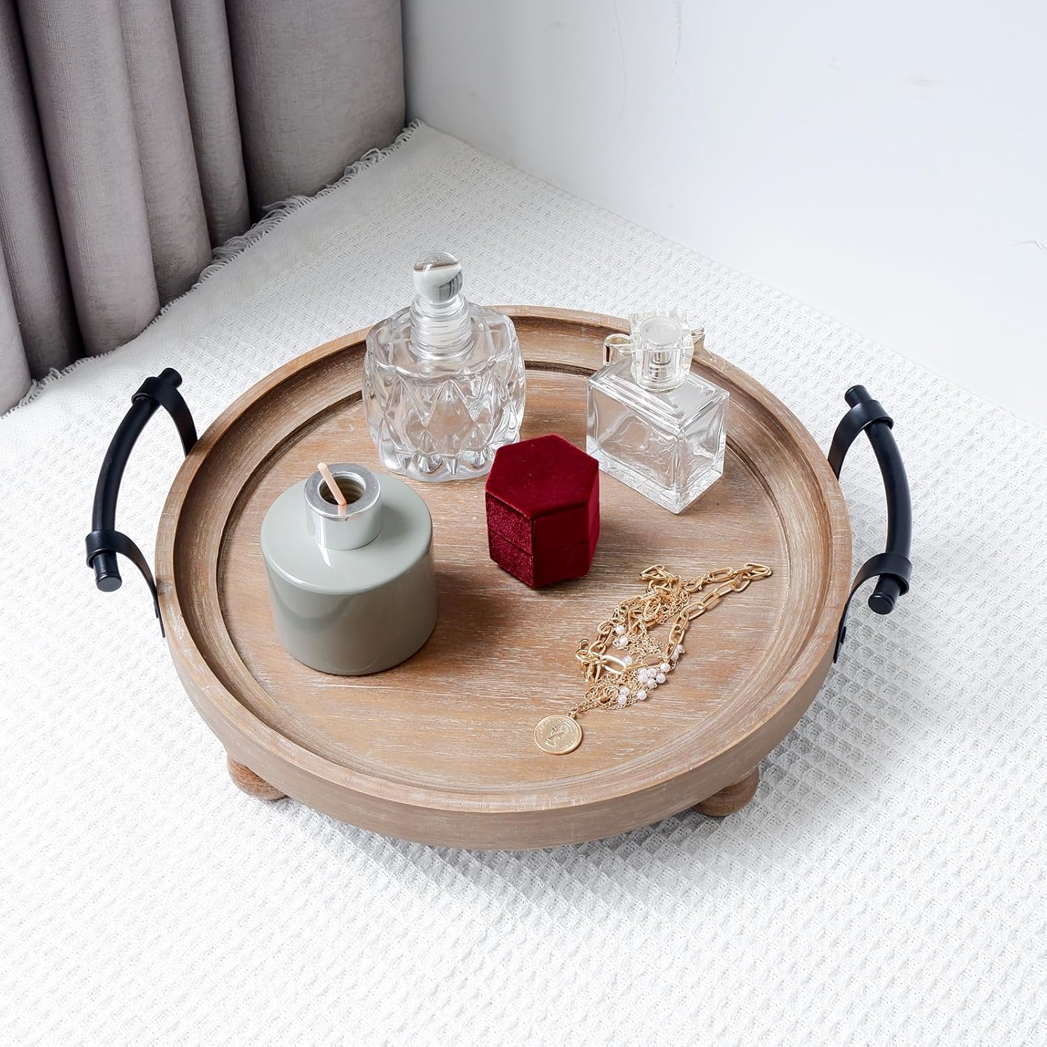 TOOLTENG Round Wooden Serving Tray with Handles