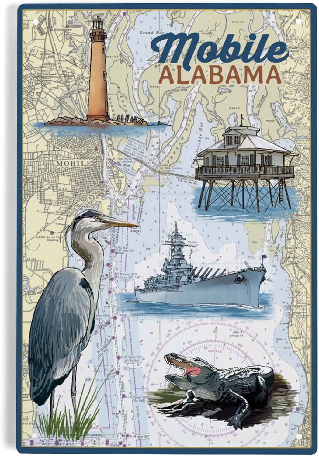 Lantern Press 6x9 Metal Sign Mobile Alabama Nautical Chart