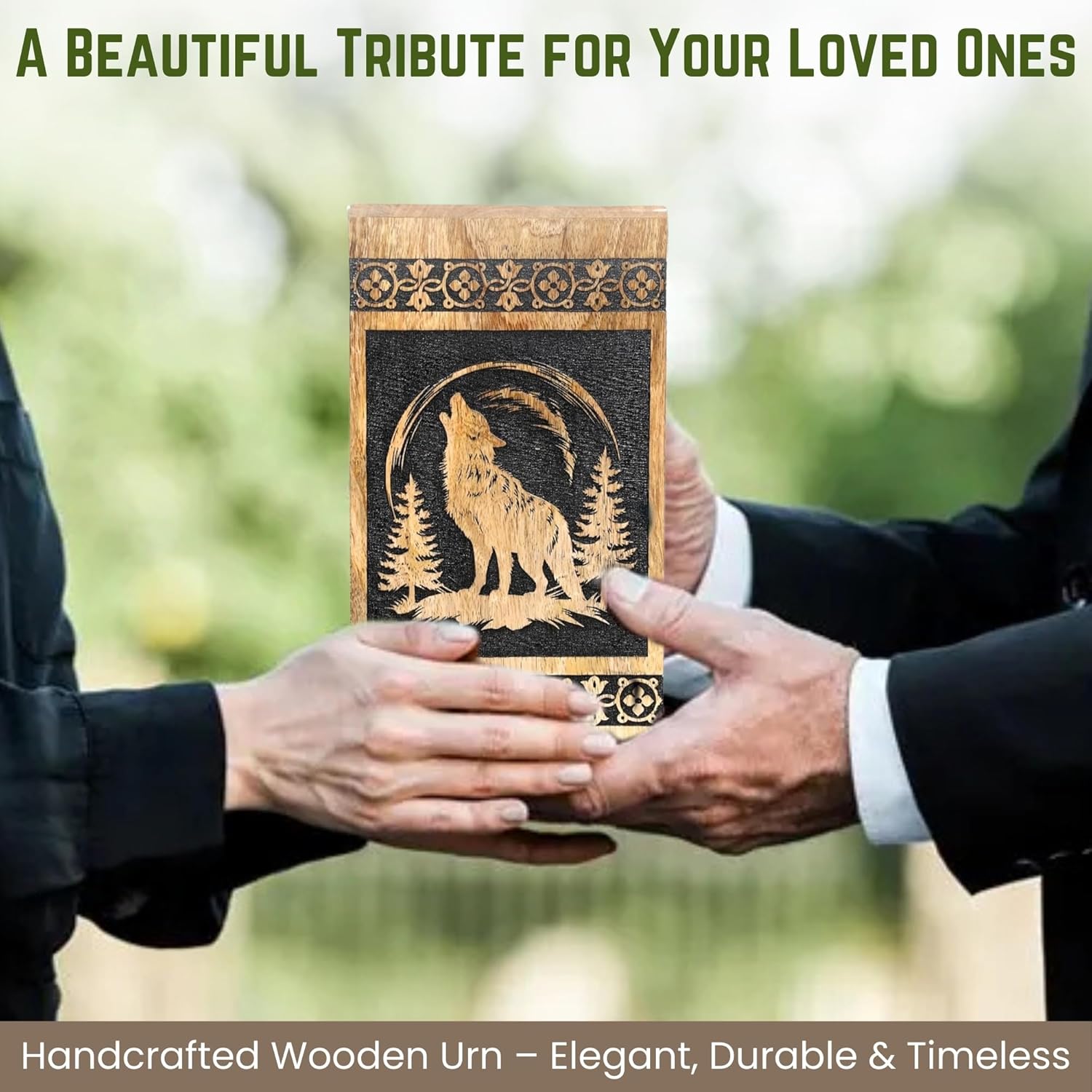 Classic Wolf Fox Wooden Cremation Urn for Adult Ashes