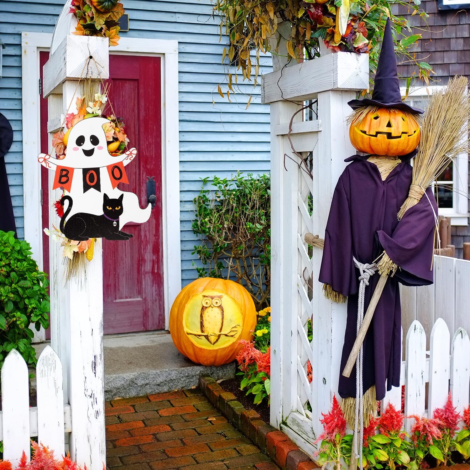 Halloween Wooden Ghost Door Wreath with BOO Sign