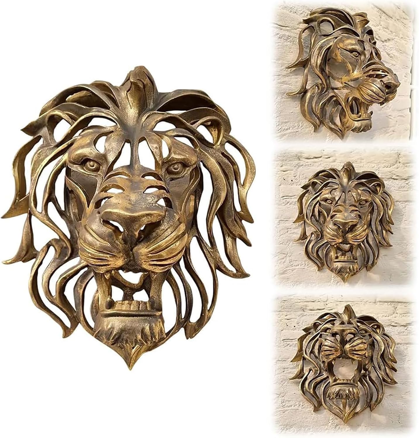 Lion Head Wall Art Sculpture 3D Golden Resin Wall Decor