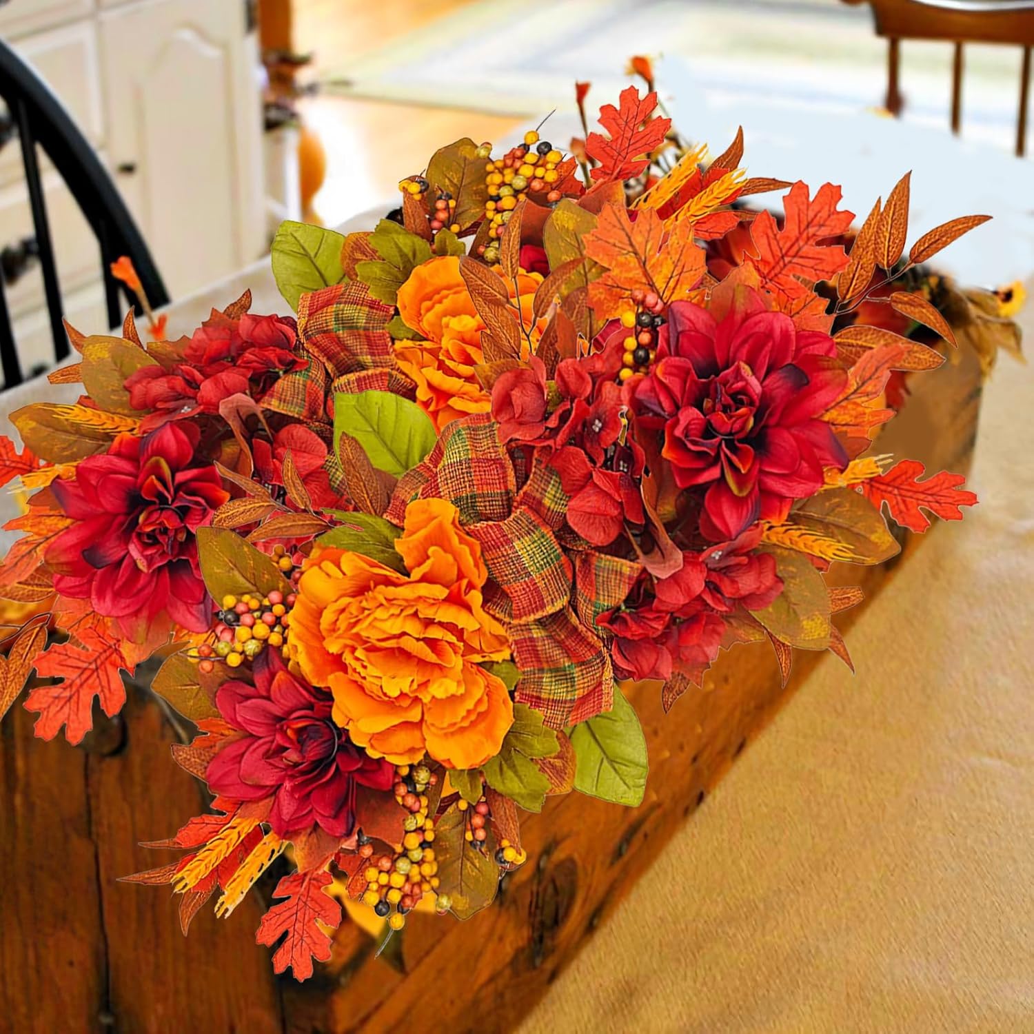 Artificial Peony Fall Decor Swag with Maple Leaves
