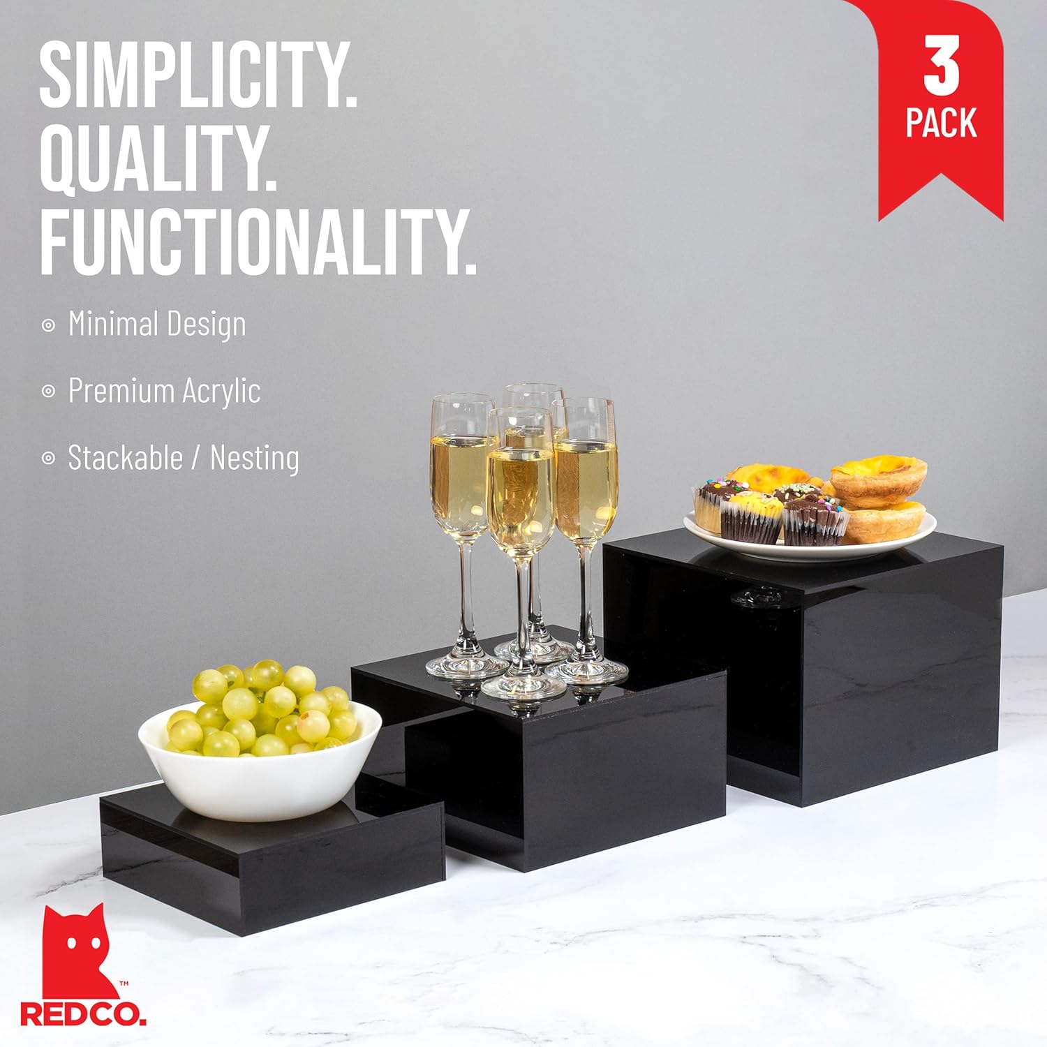 Red Co Set of 3 Glossy Black Acrylic Cube Display Risers