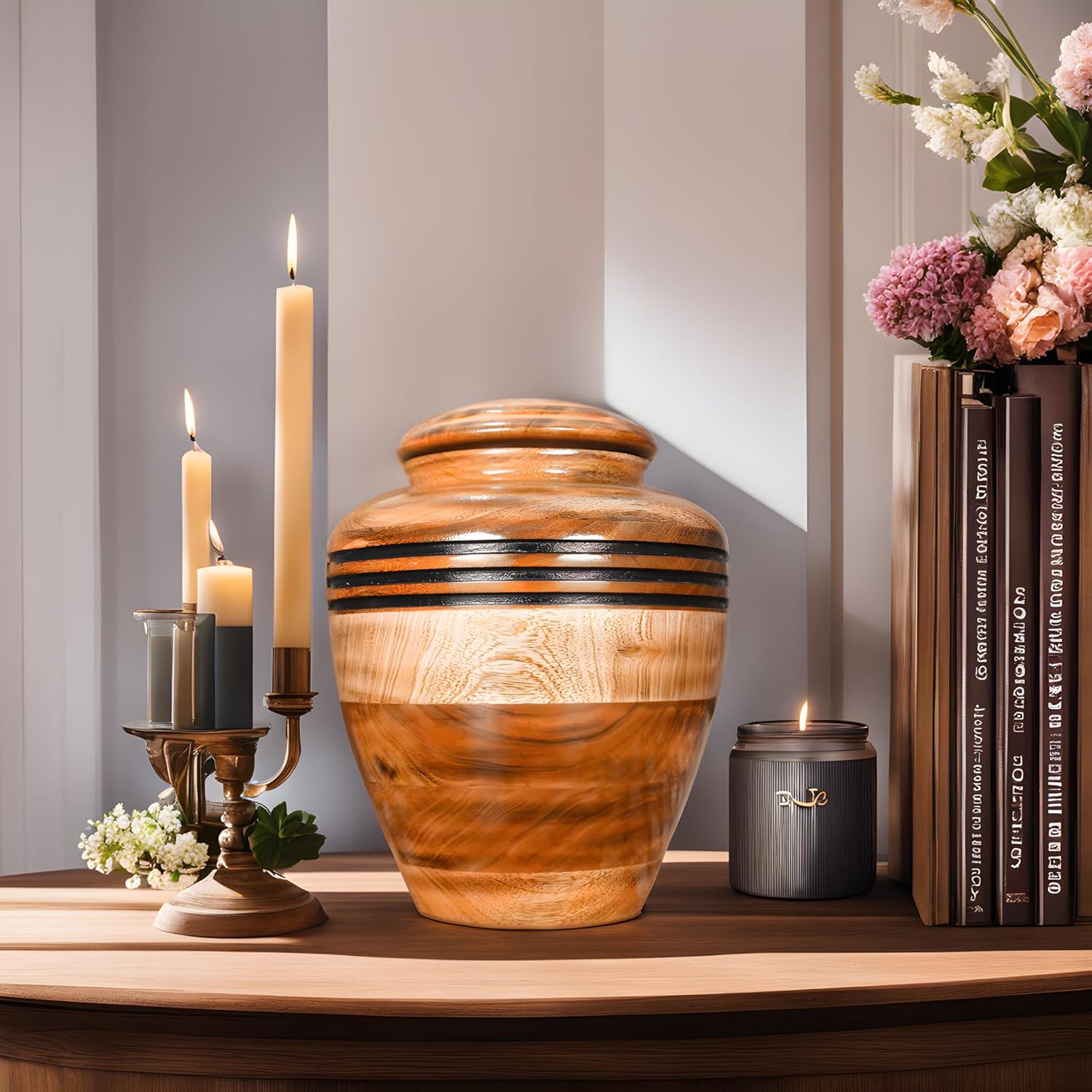 Handcrafted Wooden Cremation Urn with Black Accent Rings