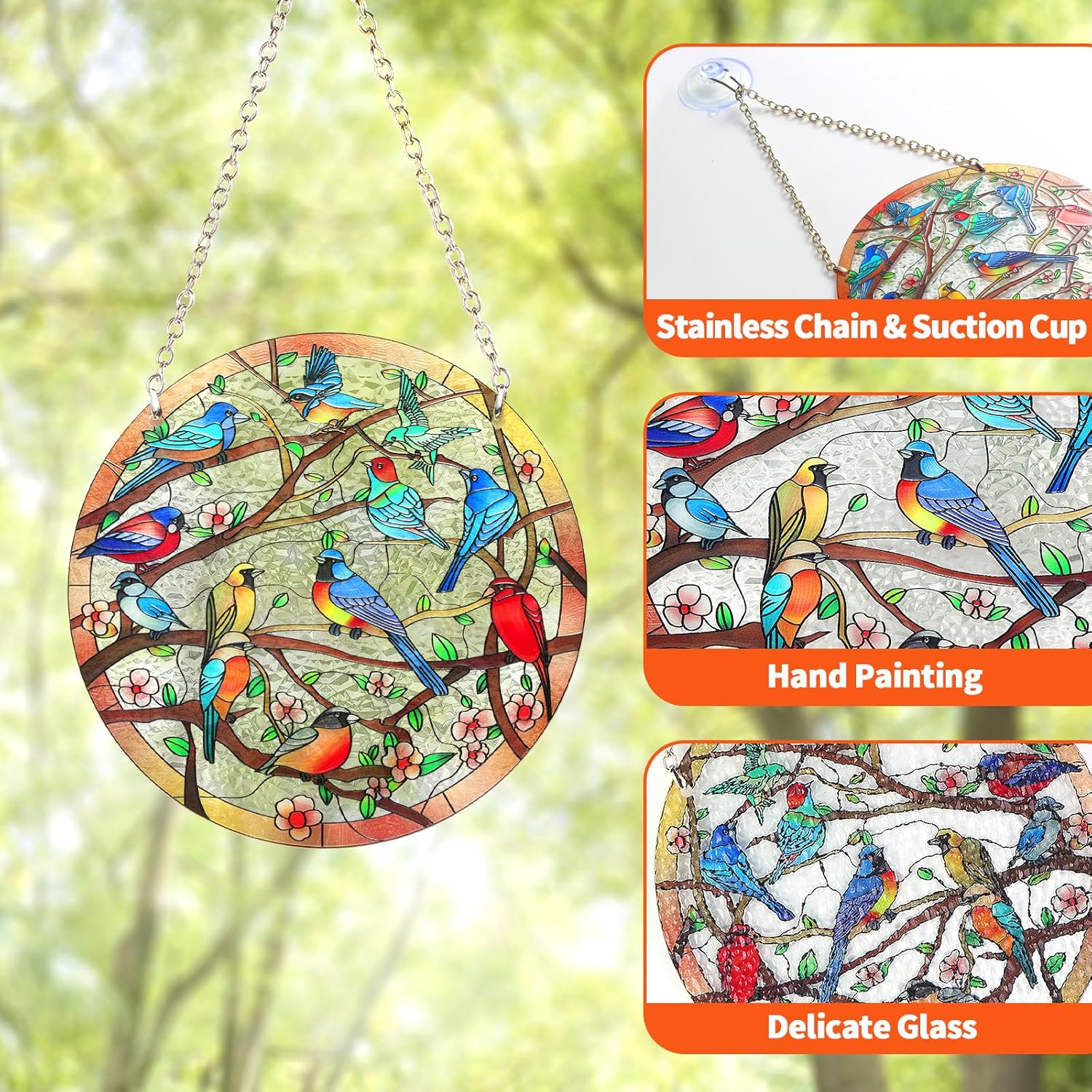 Stained Glass Window Hanging Suncatcher 6 Inch Birds on Branch