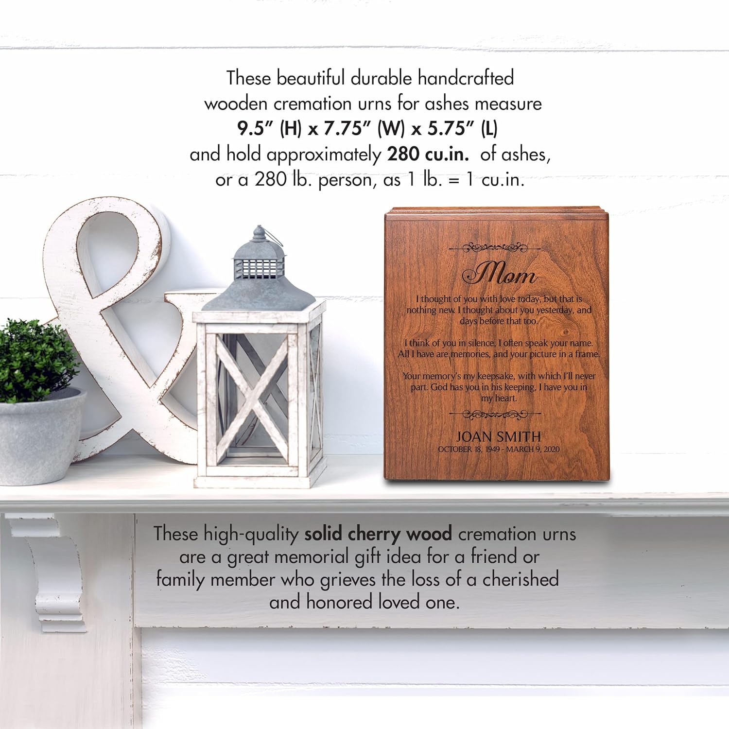 LifeSong Milestones Personalized Cherry Wood Urn for Womens Ashes