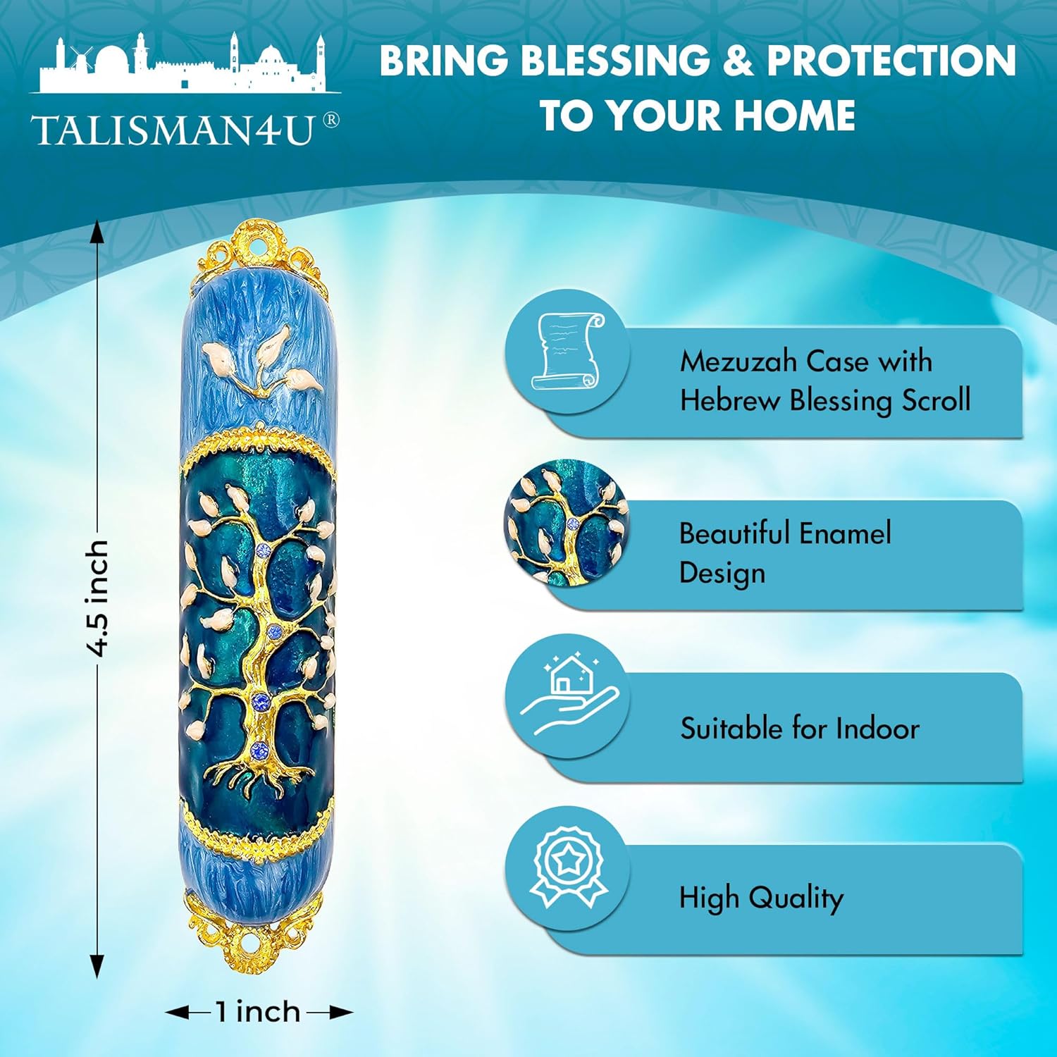 Talisman4u Enamel Mezuzah Case with Gold Plated Crystals and Tree of Life Design