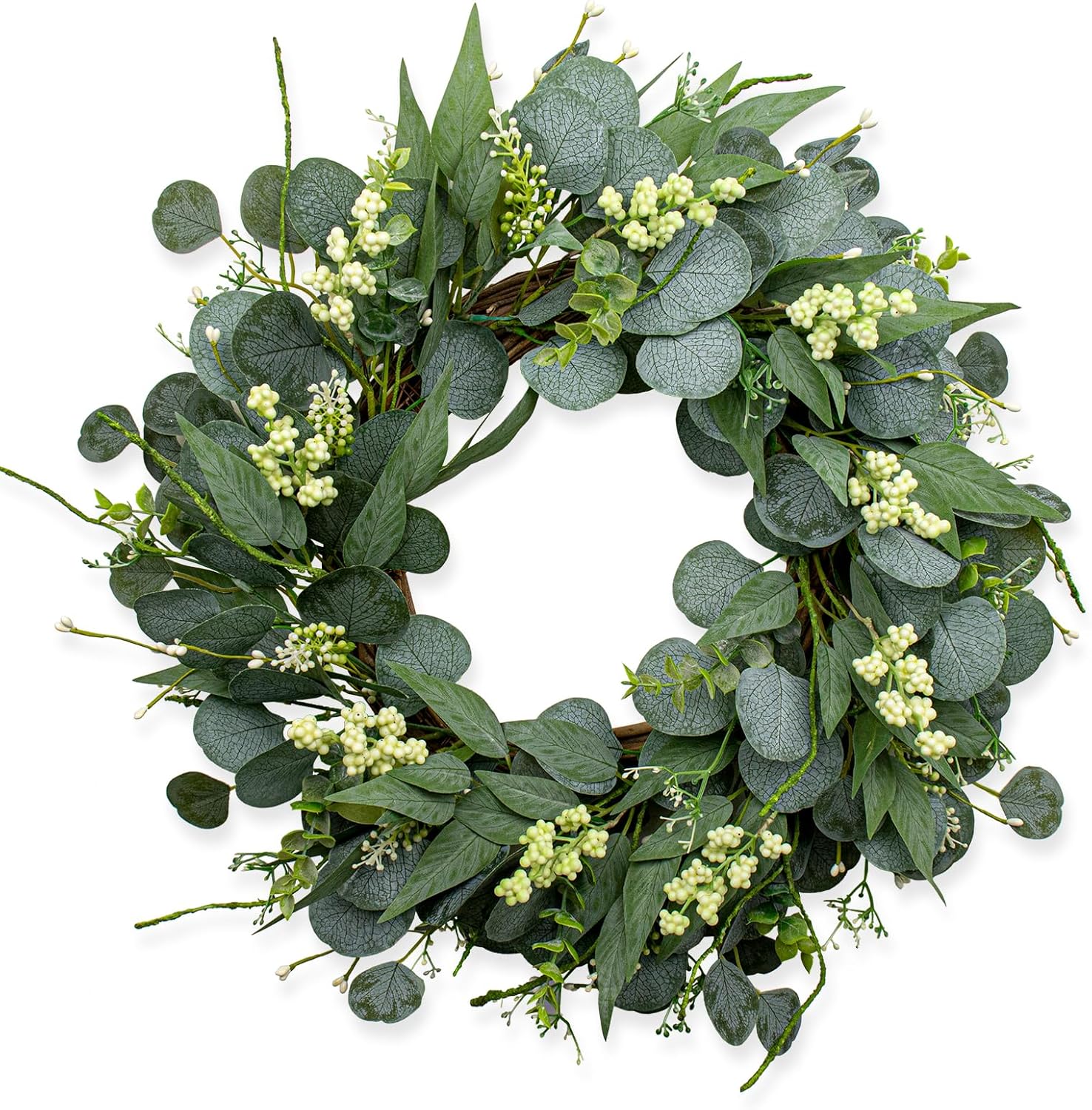 MagicWreath 22 Inch Artificial Green Eucalyptus Wreath with White Berries