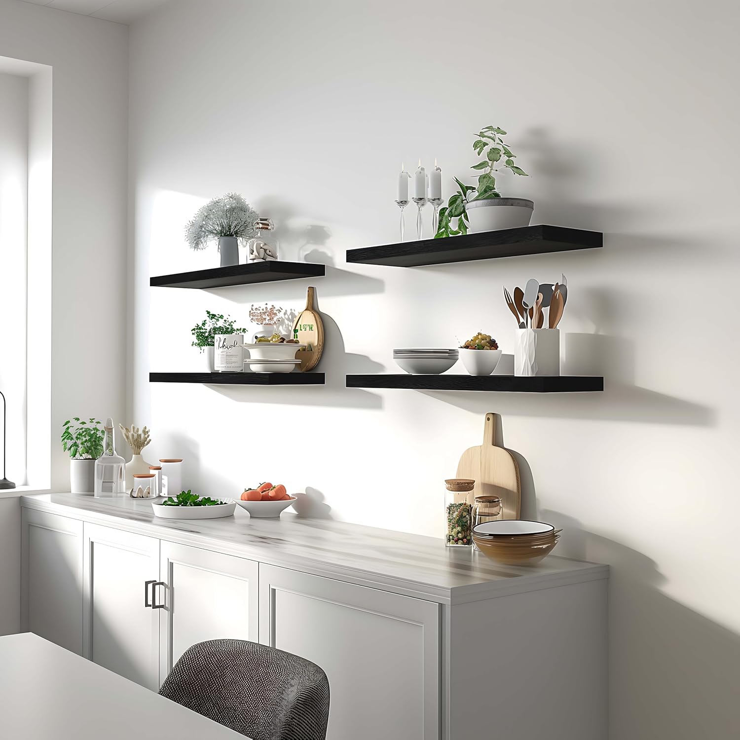 6 Piece Black Wood Floating Shelves for Wall