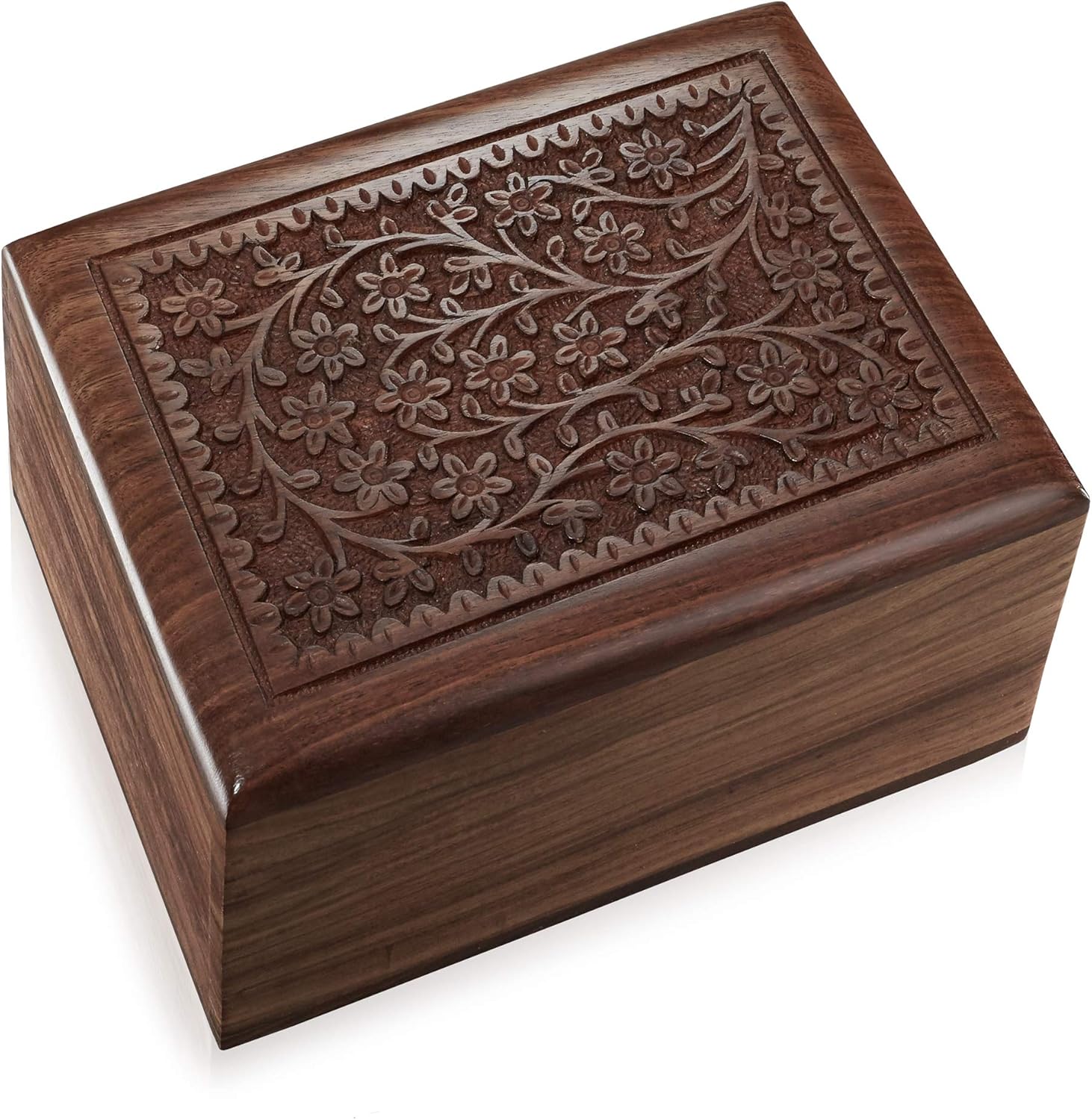 Reminded Rosewood Hand-Carved Floral Urn Box - Medium