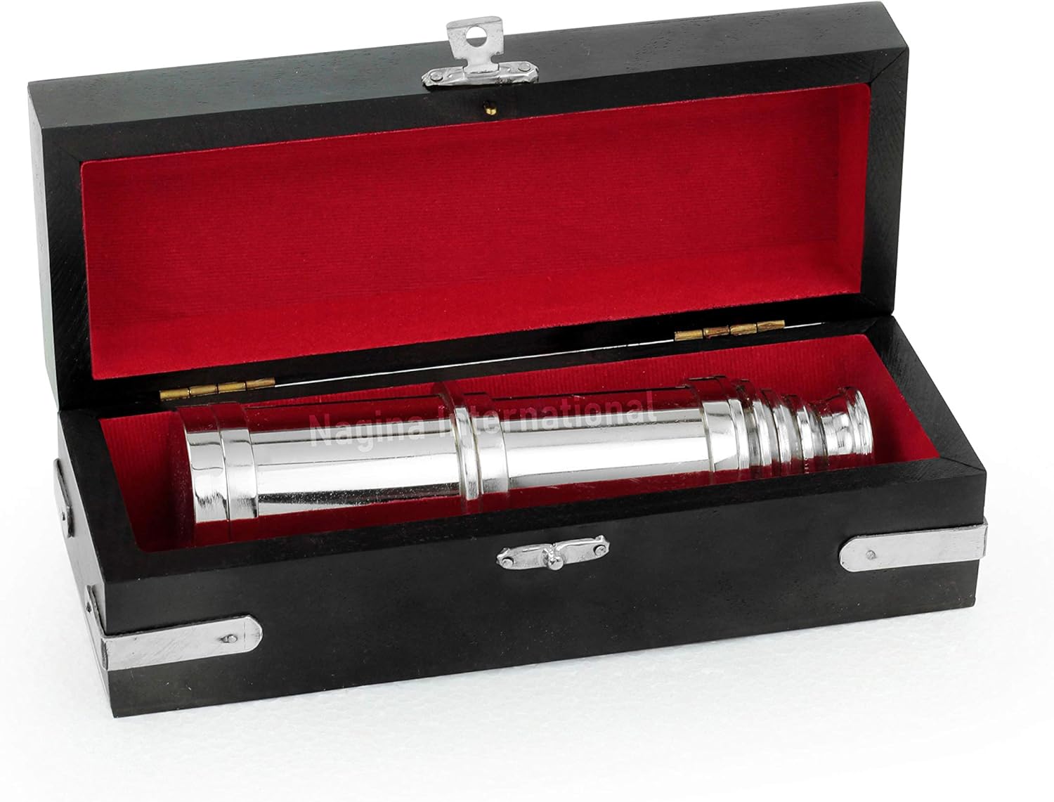 18 Inch Pirate Spyglass Brass Nickel Plated with Wooden Case