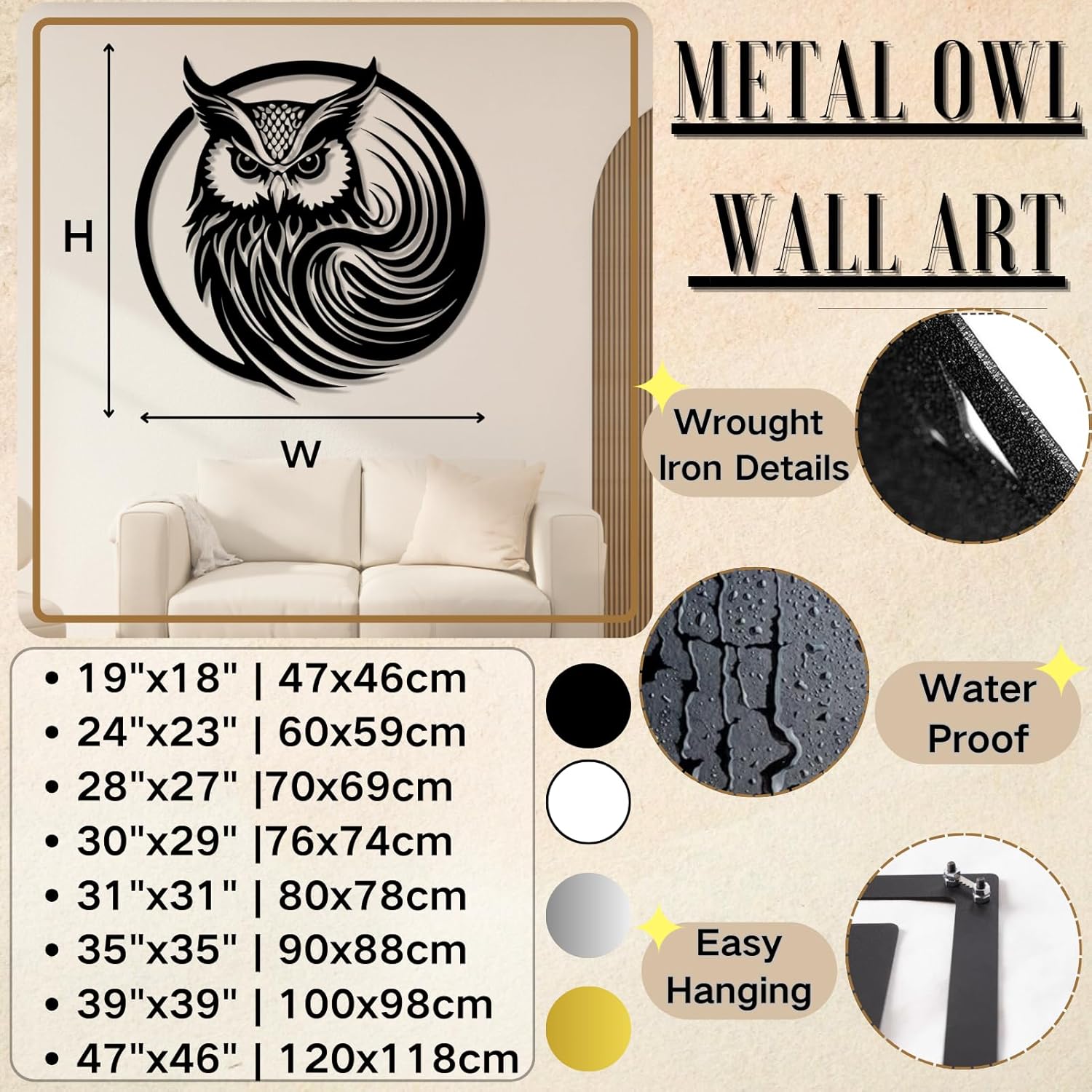 Metal Owl Wall Art Decor Black 19x18